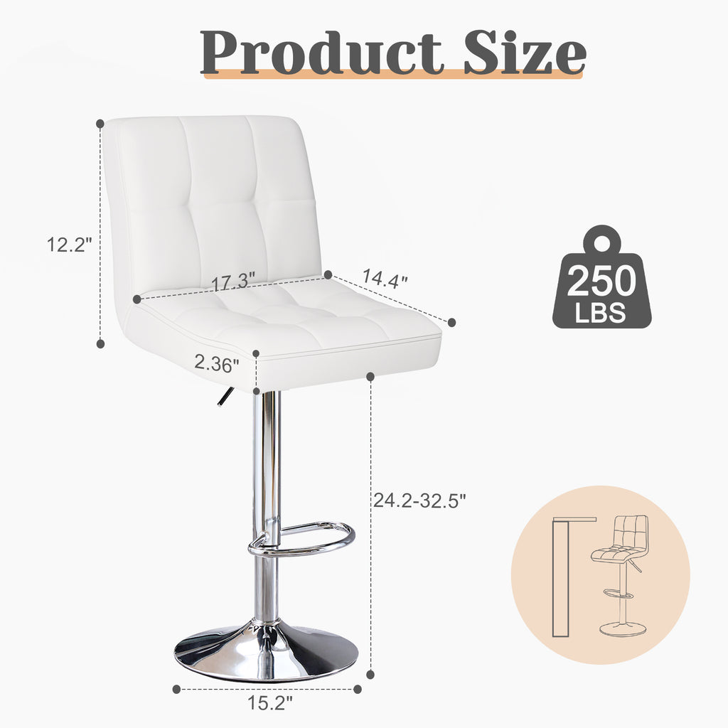 VANECL Set of 2 Counter Height Bar Stools, Adjustable Swivel PU Leather Barstools with Backrest & Square Cushion for Kitchen Island Home Bar