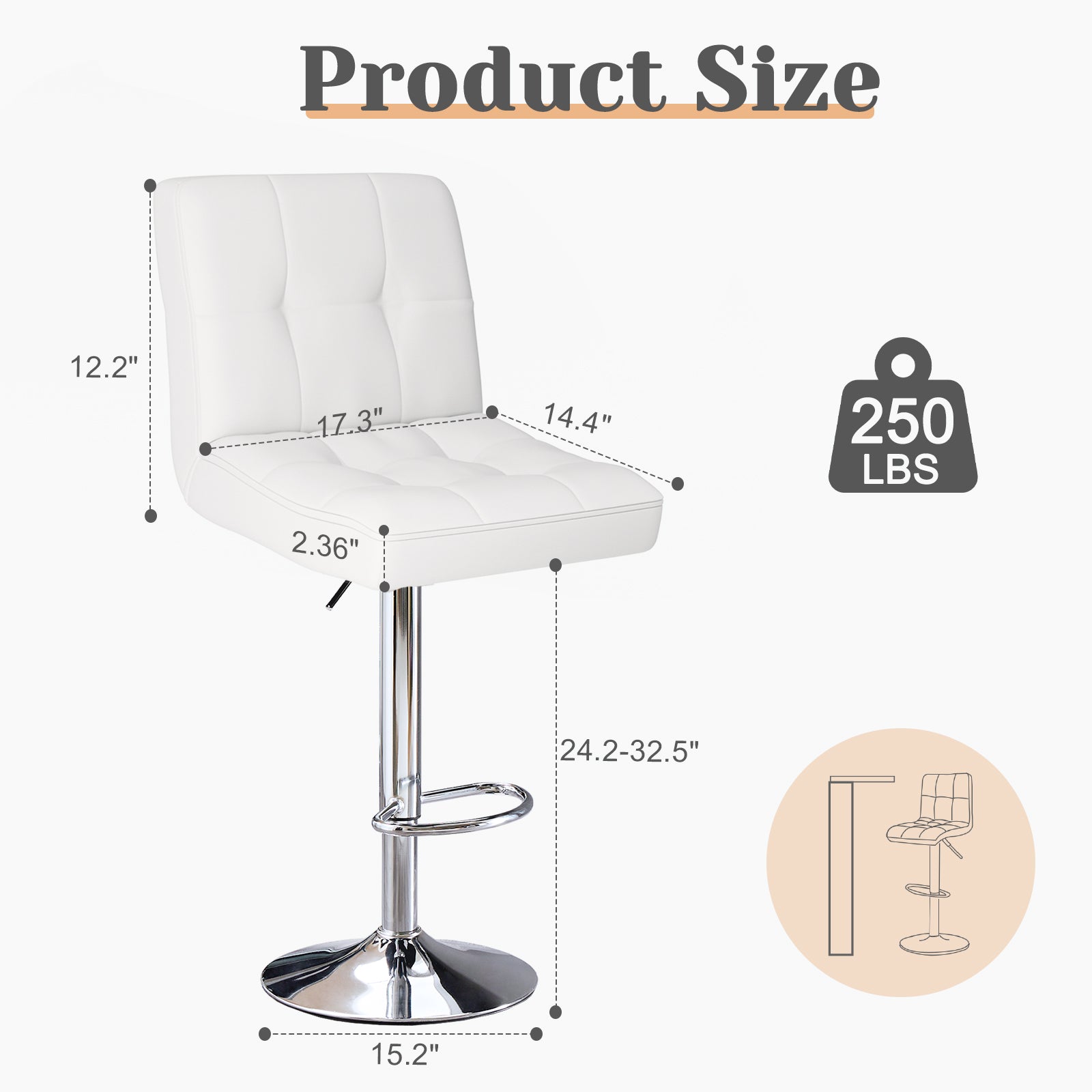 VANECL Set of 2 Counter Height Bar Stools, Adjustable Swivel PU Leather Barstools with Backrest & Square Cushion for Kitchen Island Home Bar