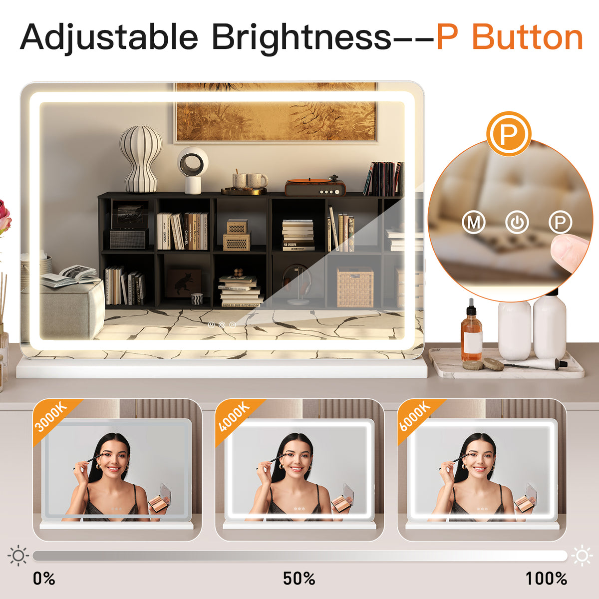 VANECL Square LED Vanity Makeup Mirror, Touch Control 3 Color Dimmable Lighted Desk Mirror with Memory & USB Charging Port