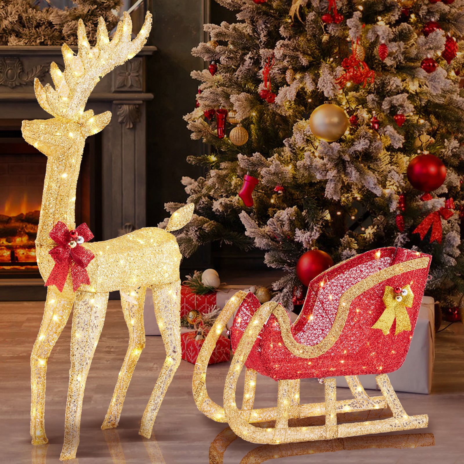 VANECL Christmas Reindeer Pulling Cart Yard Decoration with 180 Warm LED Lights, Indoor & Outdoor Metal Frame Holiday Ornament
