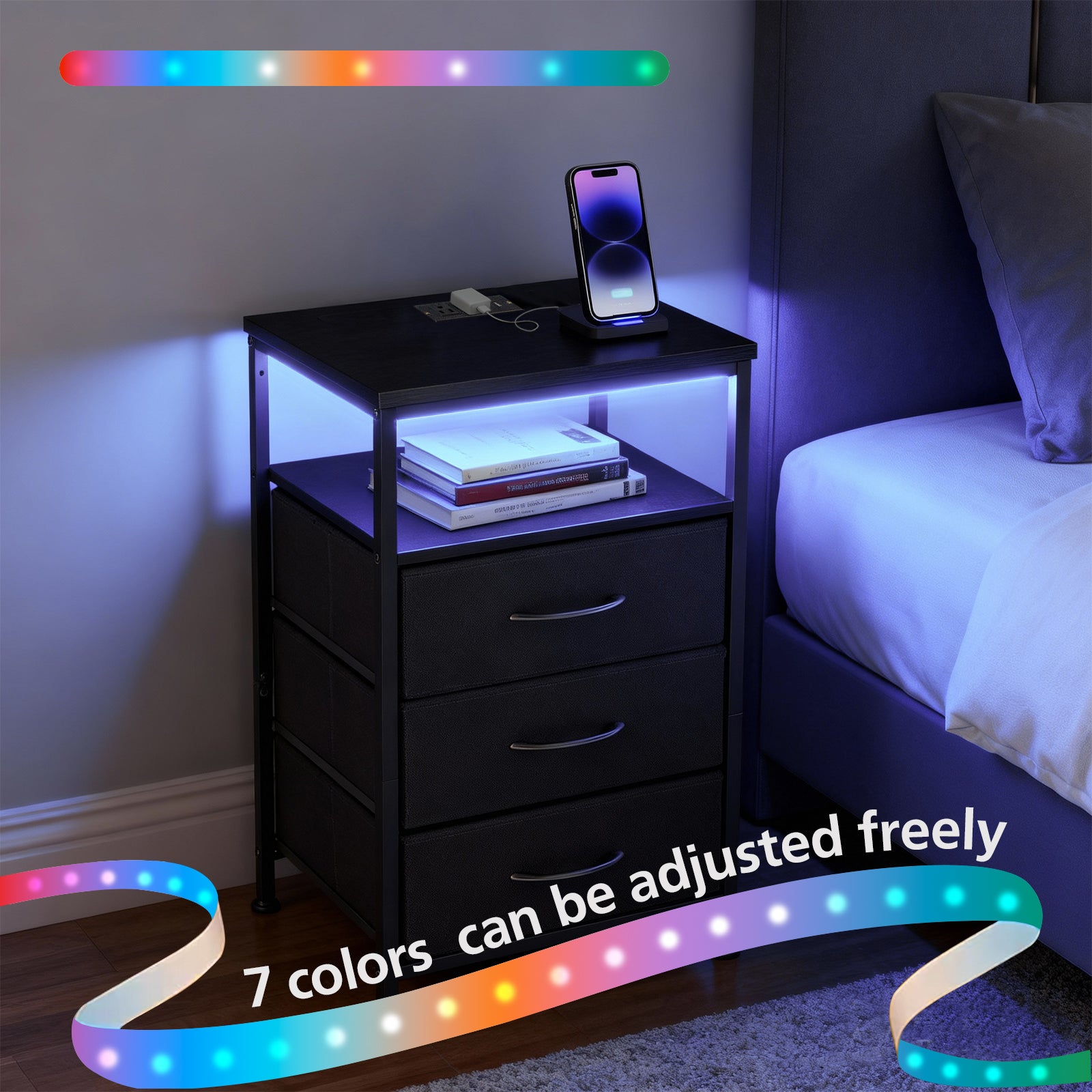 VANECL Nightstand with Charging Station & RGB LED Lights, Bedside End Table with 5 Fabric Drawers, USB Type-C Power Outlet for Bedroom