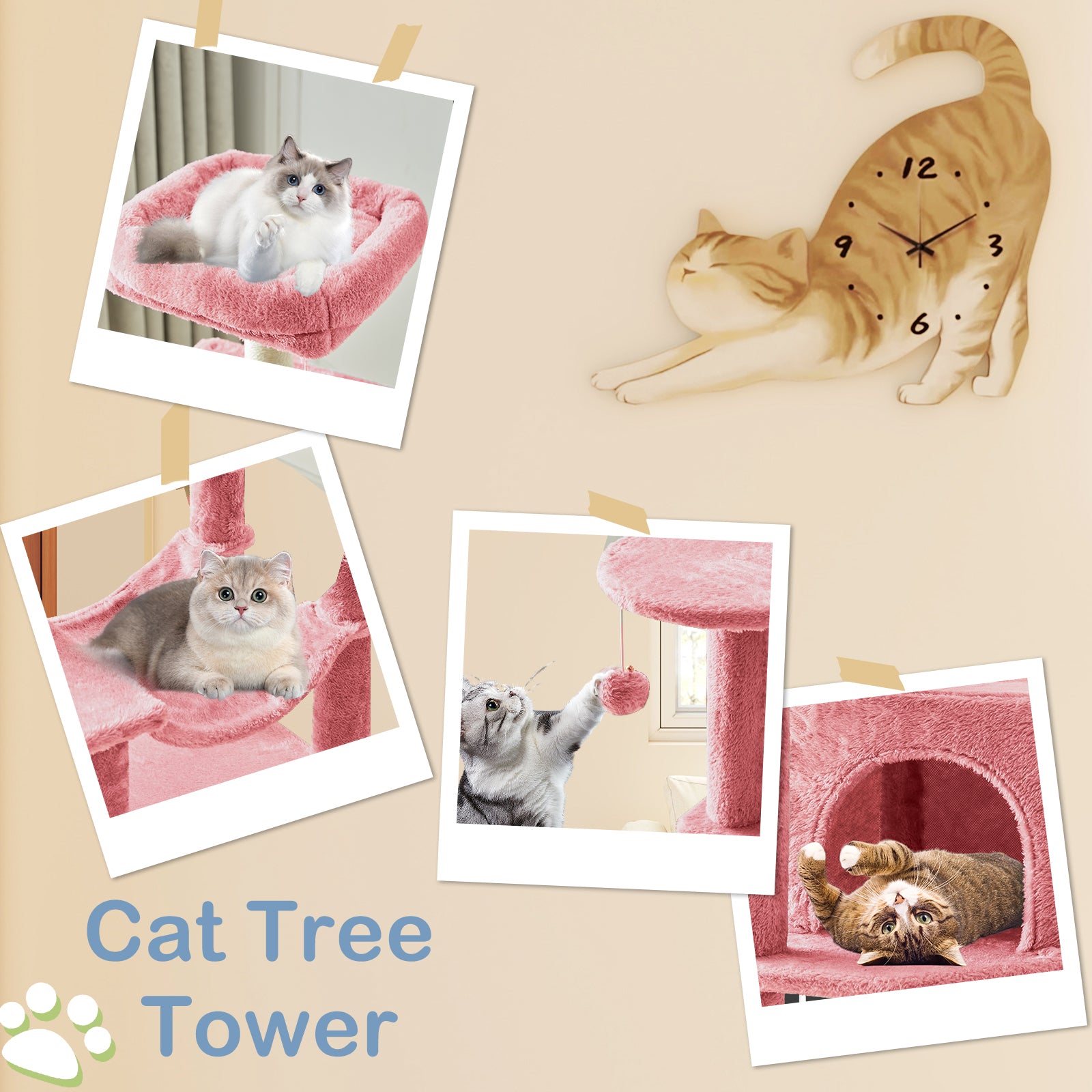 VANECL 44 Inch Multi-Level Cat Tree Tower, Sisal Scratching Posts with Hammock Extended Platform & Cat Condo for Multiple Indoor Cats
