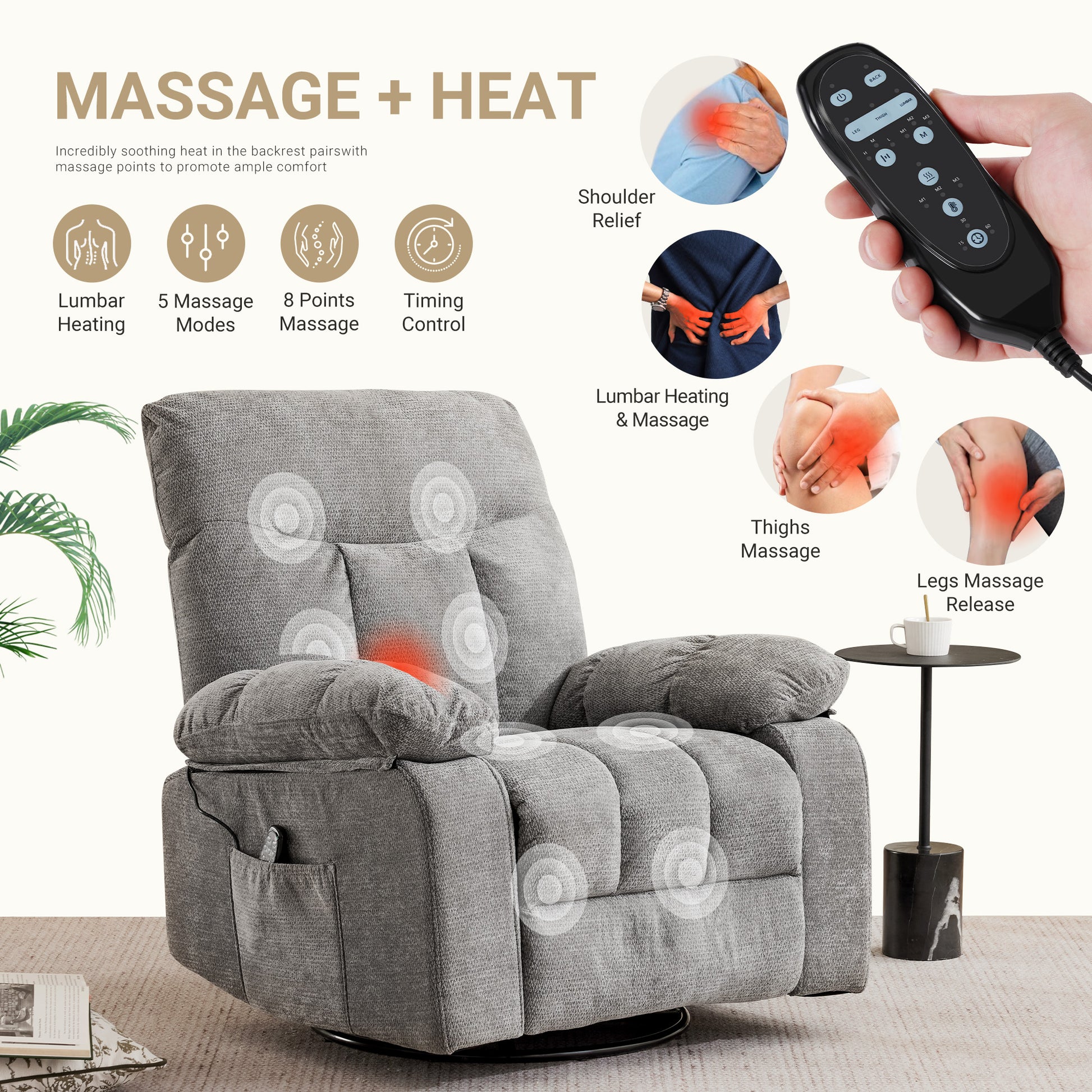 VANECL Swivel Rocker Recliner Chair with Vibration Massage & Lumbar Heating, Adjustable Rotating Lounge Sofa