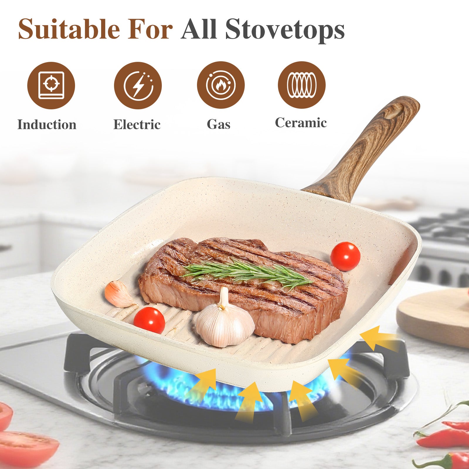 VANECL 3-Piece Square Nonstick Grill Pan Set 9.5/10/11 Inch, PFOA Free Skillet with Detachable Cool Touch Handle, Compatible with Induction Gas All Stovetops