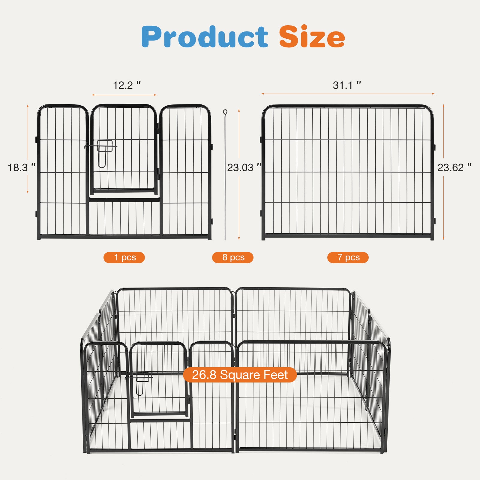 VANECL 8-Panel Metal Dog Playpen with Lockable Door, Foldable Height Options Pet Exercise Fence for Small/Medium/Large Dogs, Indoor & Outdoor Yard Garden Use