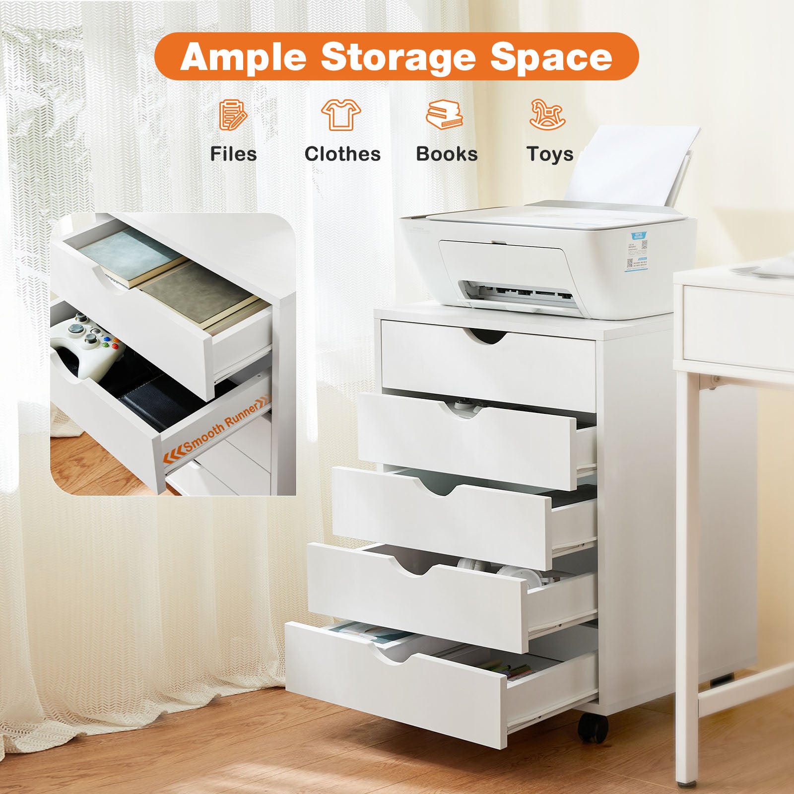 VANECL 5-Drawer Mobile Storage Dresser Cabinet with Lockable Casters, Rolling Organizer Chest for Bedroom Office Home