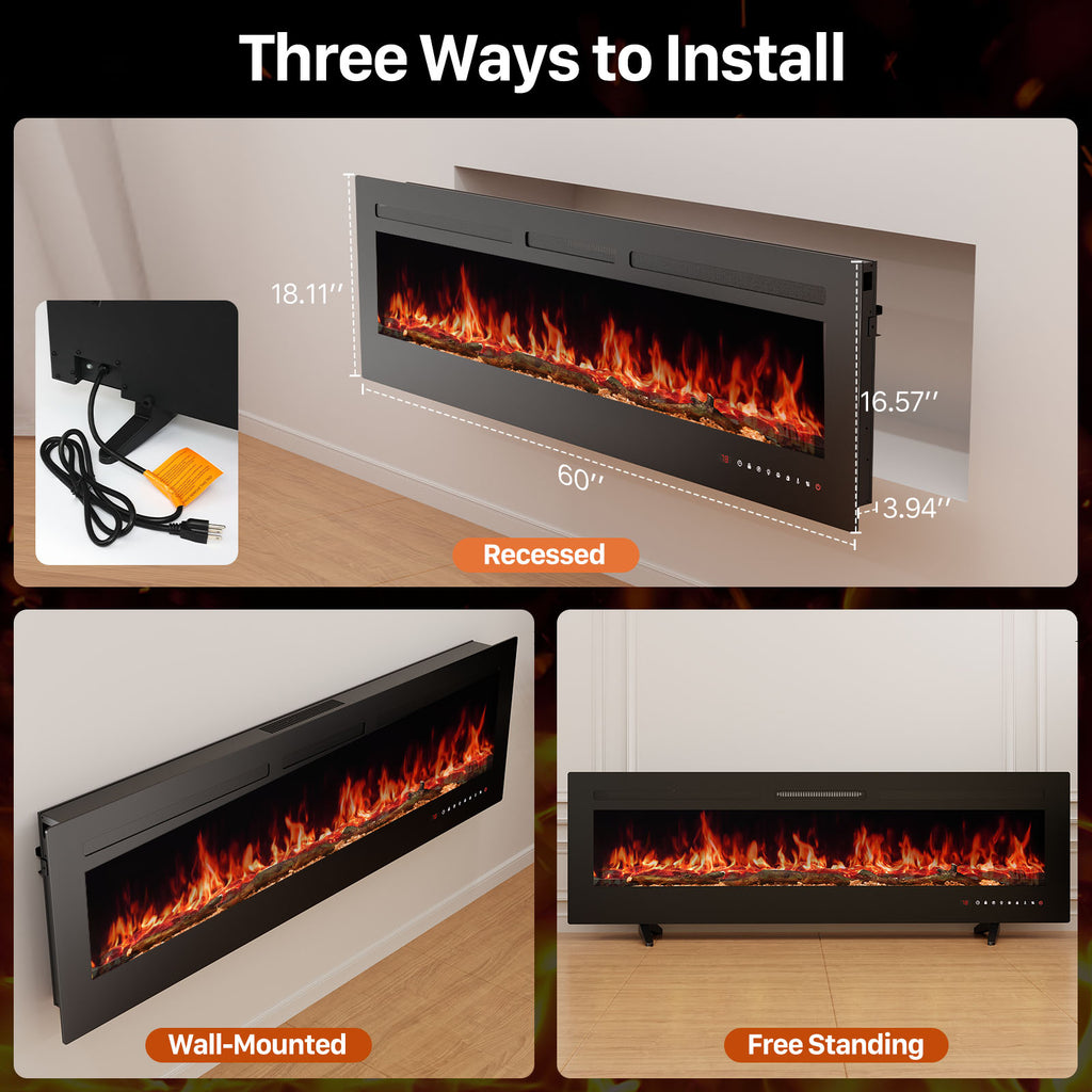 VANECL 60 Inch 3-in-1 Electric Fireplace Heater, 750W/1500W Wall Mount Recessed Freestanding Fireplace Insert with Remote Control & Multi-Color Flame Effect