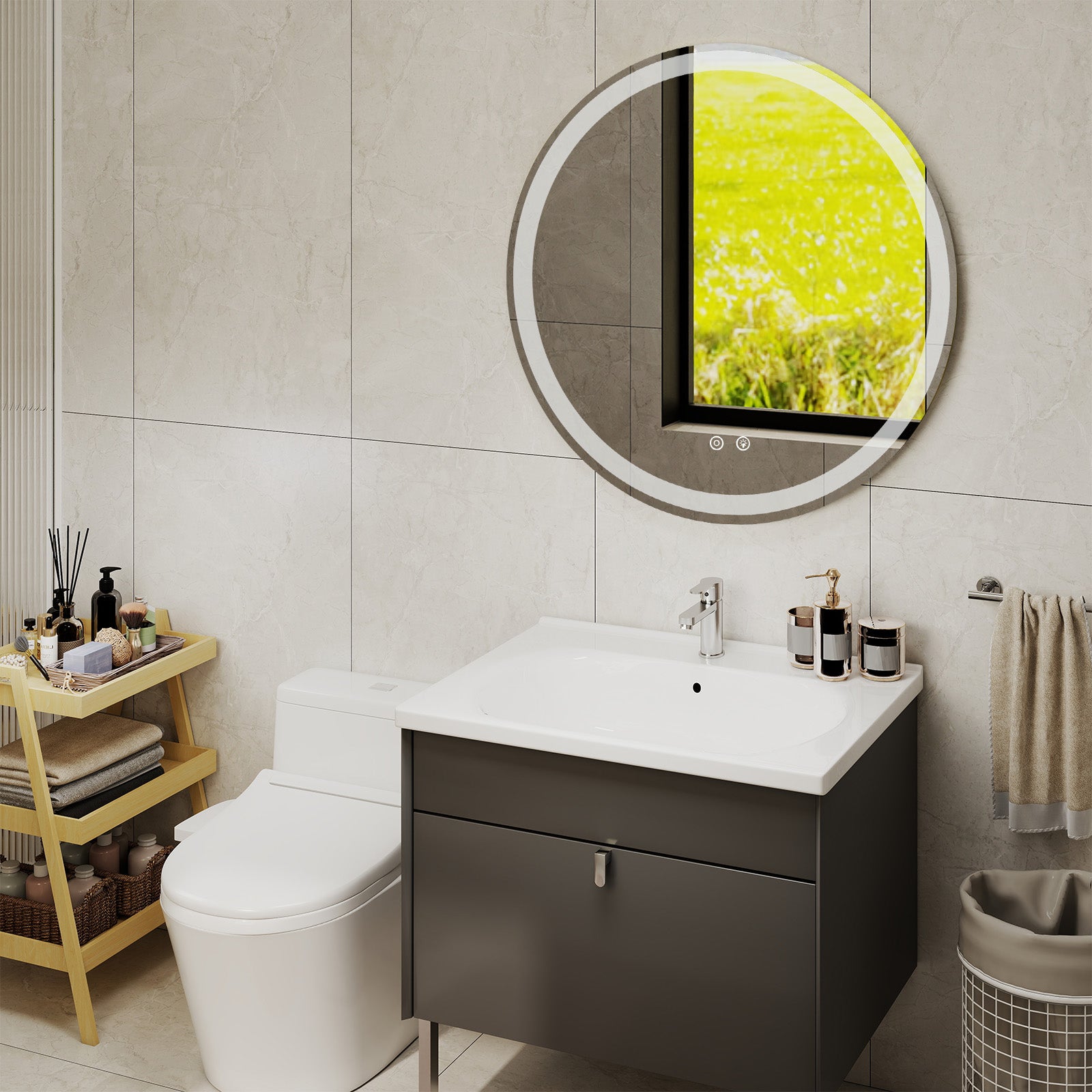 VANECL 23.6in Round LED Bathroom Mirror with Dual Front & Back Lights, Anti-Fog 3 Color Temperature Dimmable Vanity Mirror with Memory Function