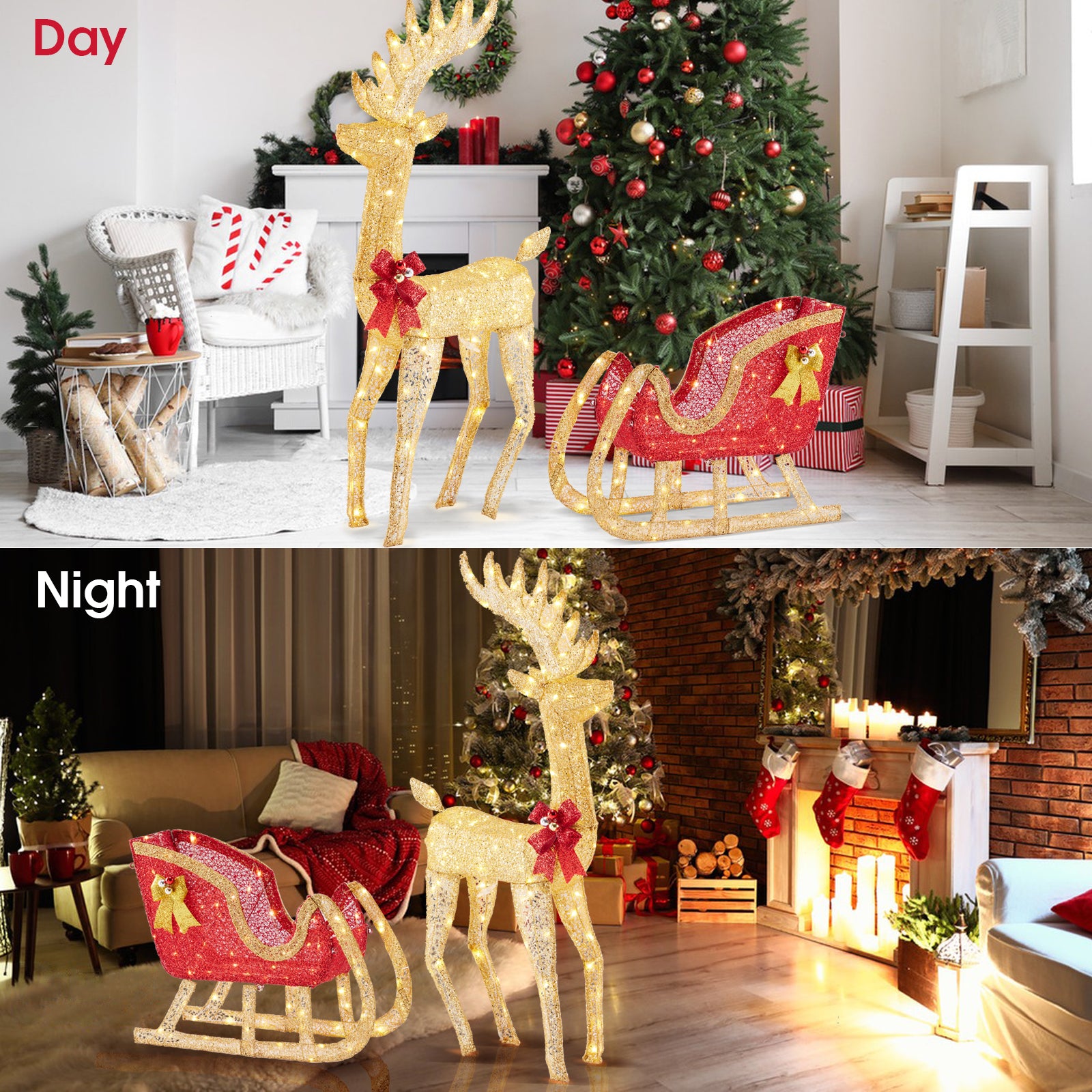 VANECL Christmas Reindeer Pulling Cart Yard Decoration with 180 Warm LED Lights, Indoor & Outdoor Metal Frame Holiday Ornament