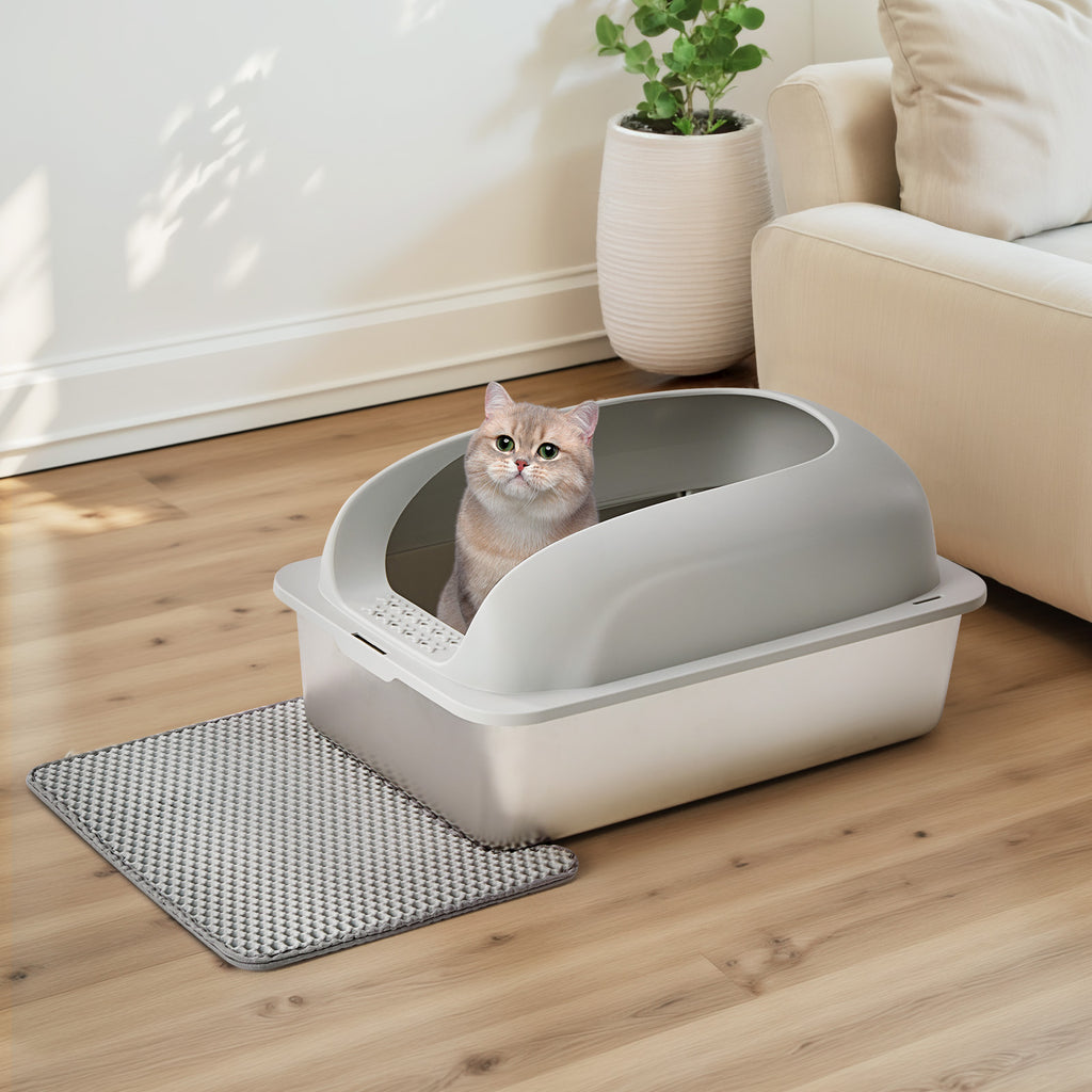 VANECL Covered Stainless Steel Cat Litter B0x with High Sides, Extra Large Metal Kitty Litter Pan with Free Litter Mat & Litter Scoop for Large Cats & Multi-Cat Homes