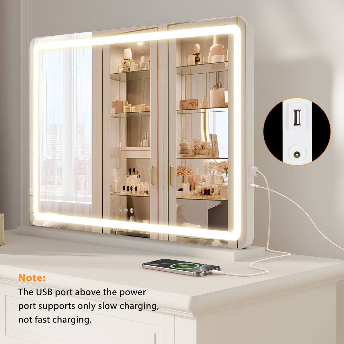 VANECL Square LED Vanity Makeup Mirror, Touch Control 3 Color Dimmable Lighted Desk Mirror with Memory & USB Charging Port
