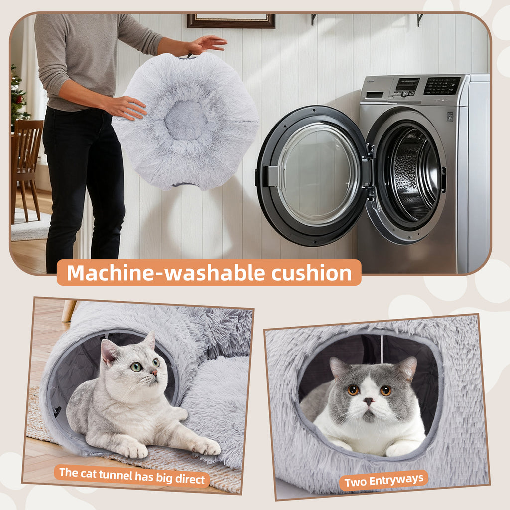 VANECL Donut Shaped Plush Cat Tunnel Bed, 2-In-1 PeekaB0o Cat Cave with Dual Entrances, Washable Round Play Tunnel for Indoor Cats, Kittens & Small Rabbits