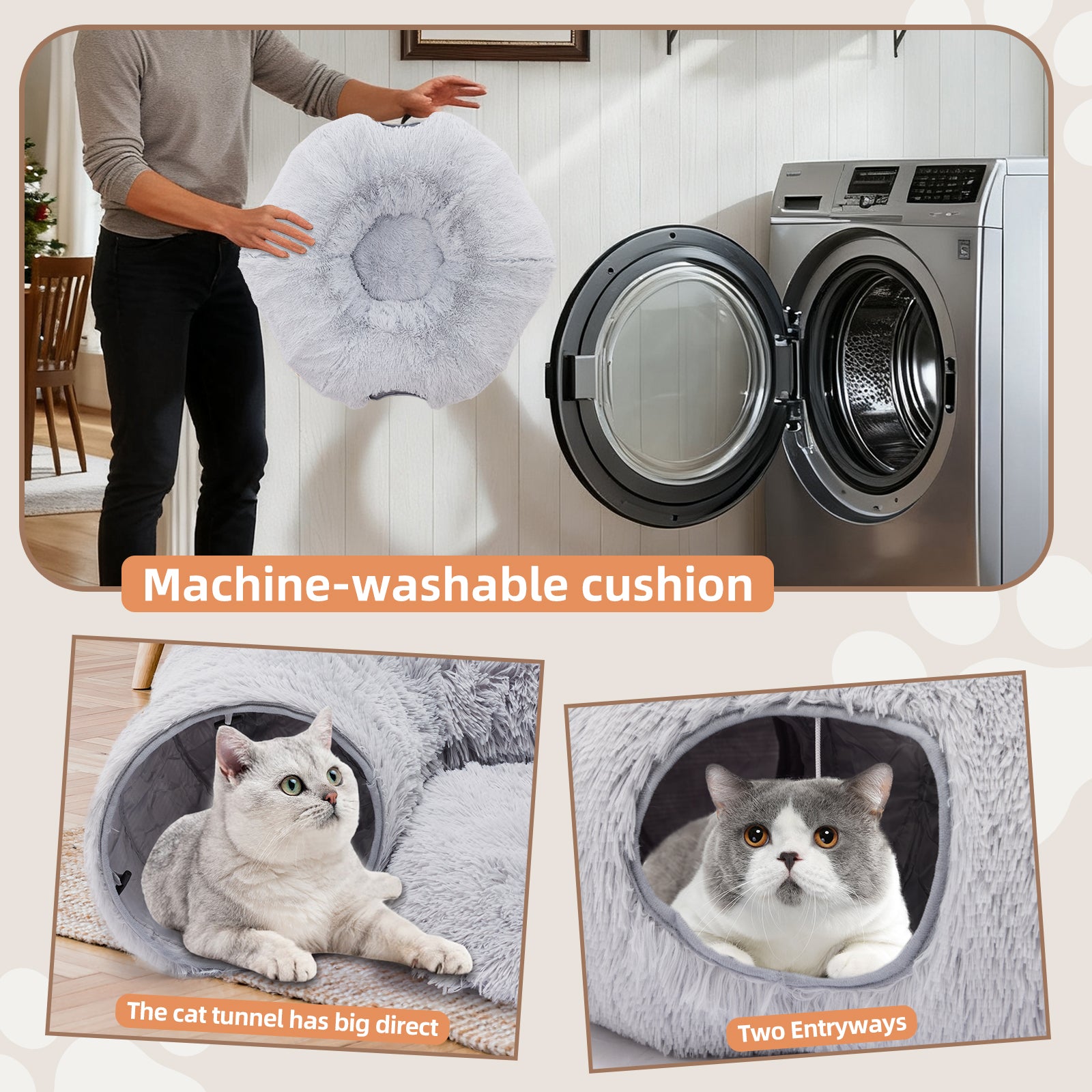 VANECL Donut Shaped Plush Cat Tunnel Bed, 2-In-1 PeekaB0o Cat Cave with Dual Entrances, Washable Round Play Tunnel for Indoor Cats, Kittens & Small Rabbits