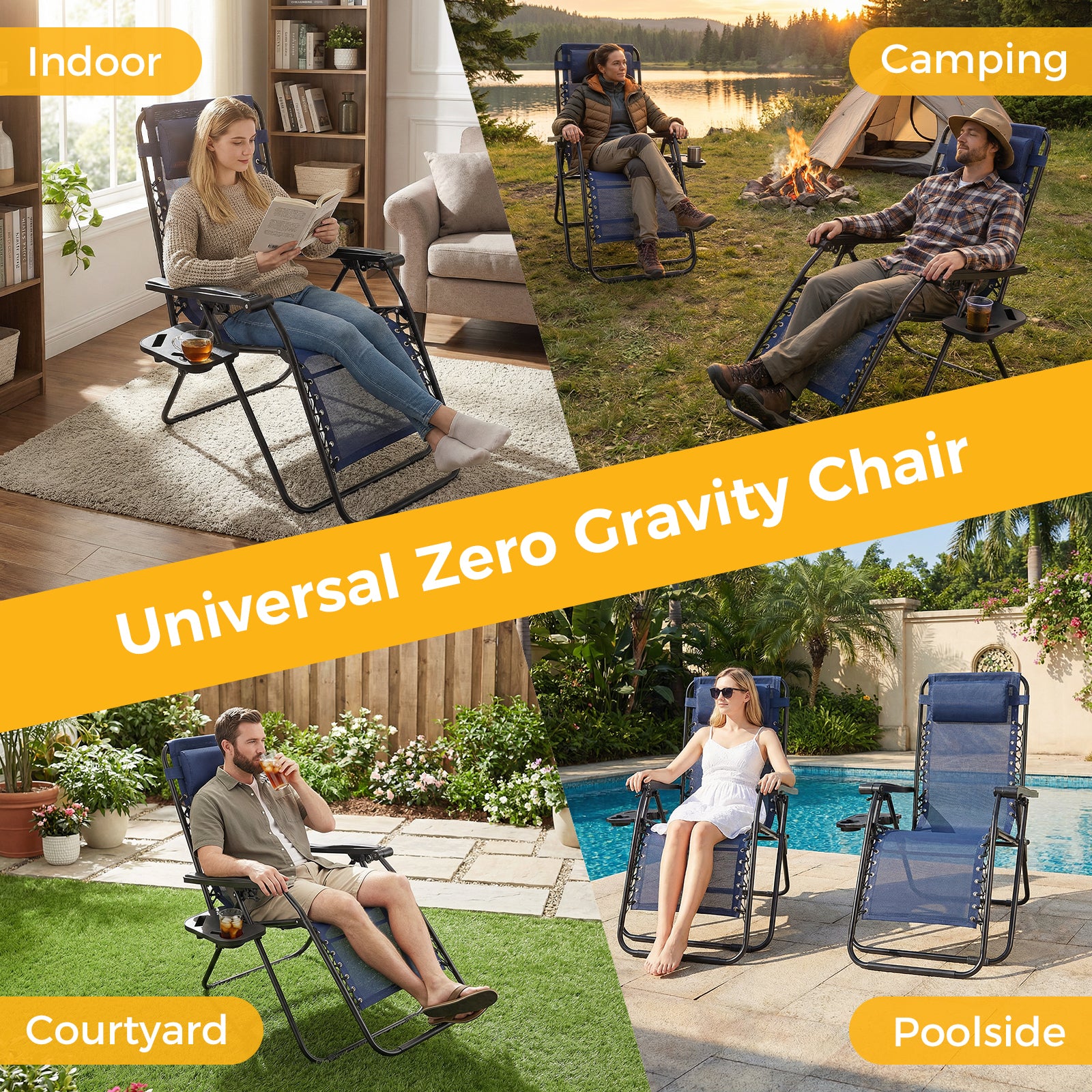 VANECL 2 Pack Zero Gravity Patio Recliner Chairs, Foldable Outdoor Lounge Chairs with Pillow, Detachable Cup Holder Tray for Beach Pool Lawn