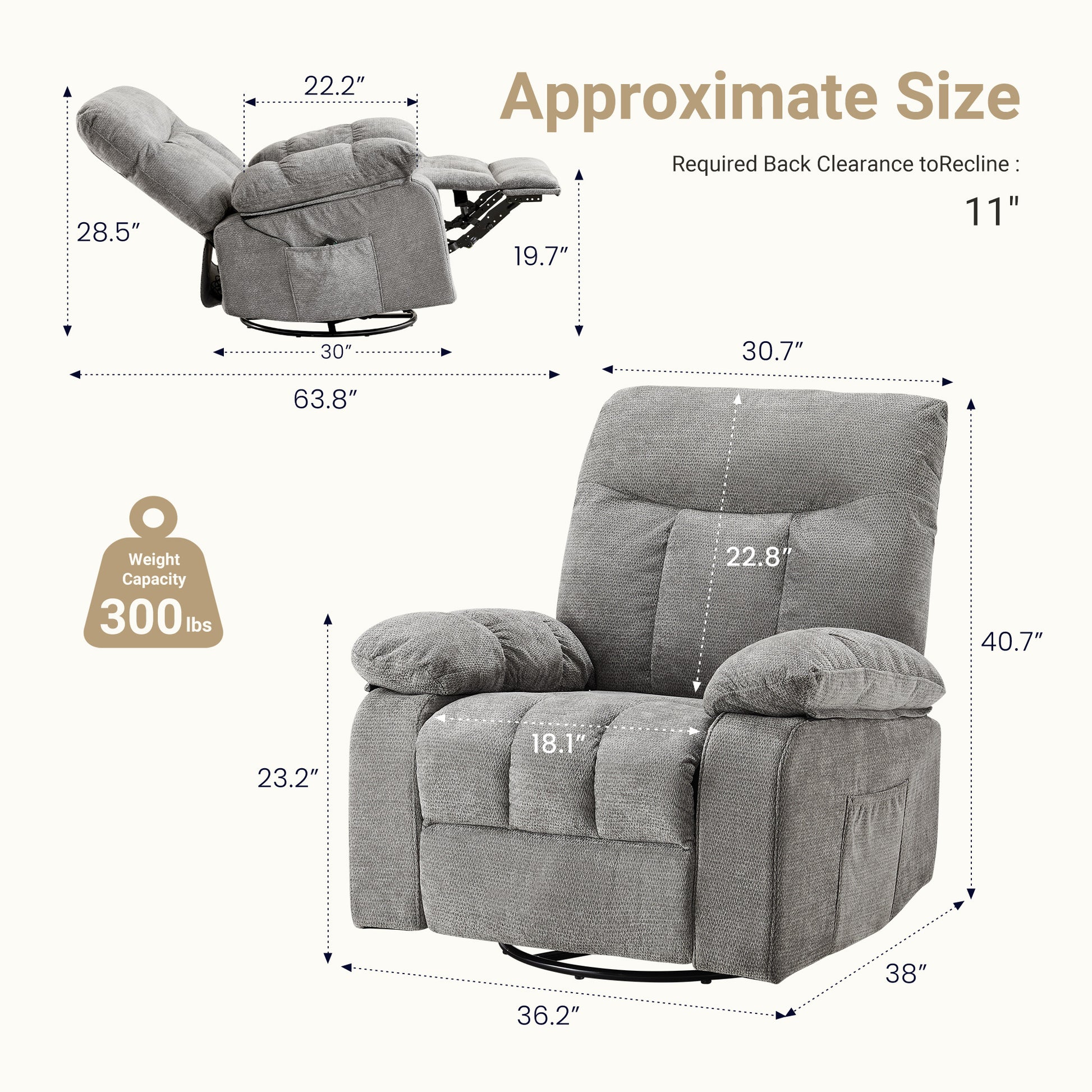 VANECL Swivel Rocker Recliner Chair with Vibration Massage & Lumbar Heating, Adjustable Rotating Lounge Sofa