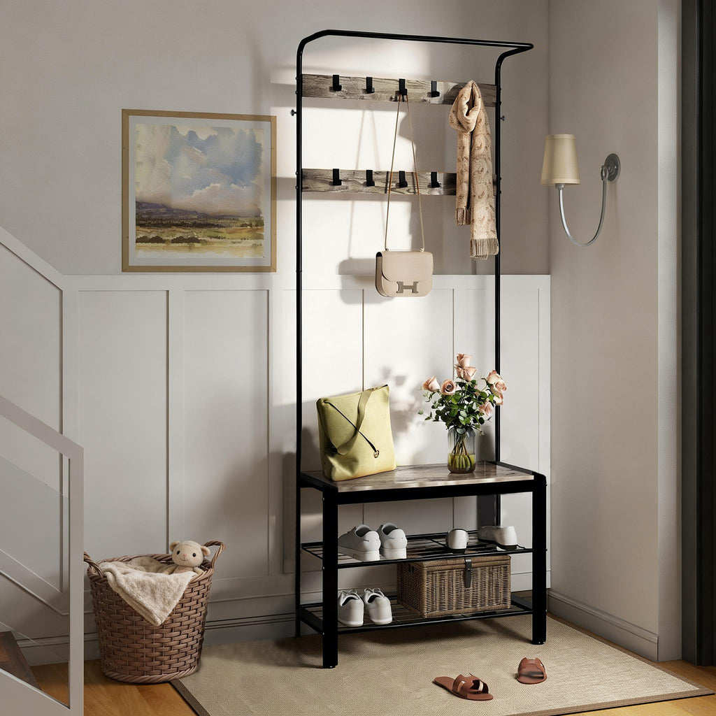VANECL 4-in-1 Entryway Coat & Shoe Rack with Padded Seat, Metal Frame Hallway Storage Organizer for Entrance Closet