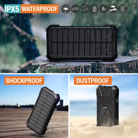JTDD Solar Charger Power Bank, PD 18W Fast Charging 20000mAh Battery , Portable Solar Powered USB C Charger with Camping Flashlight Compass Carabiner for Cell Phone