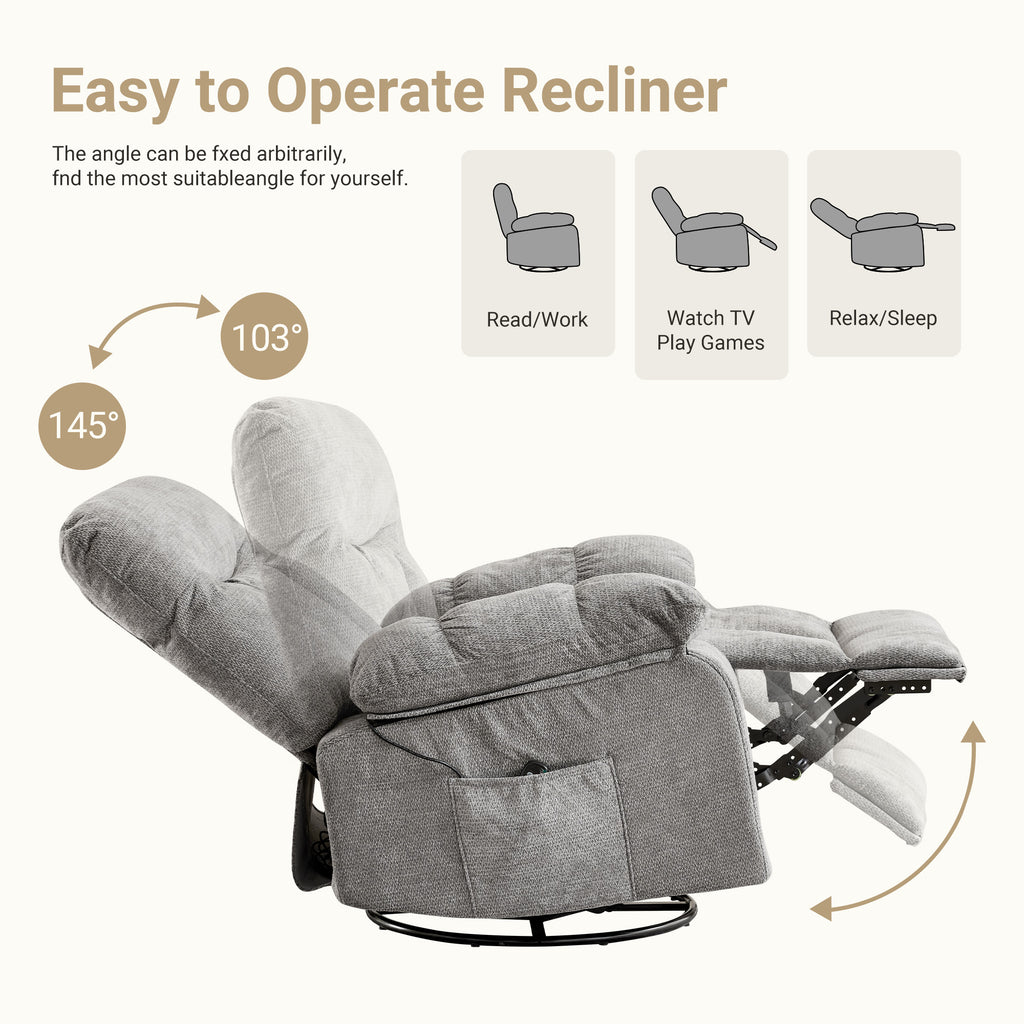 VANECL Swivel Rocker Recliner Chair with Vibration Massage & Lumbar Heating, Adjustable Rotating Lounge Sofa