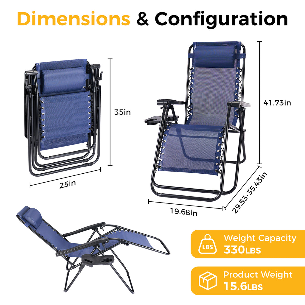 VANECL 2 Pack Zero Gravity Patio Recliner Chairs, Foldable Outdoor Lounge Chairs with Pillow, Detachable Cup Holder Tray for Beach Pool Lawn
