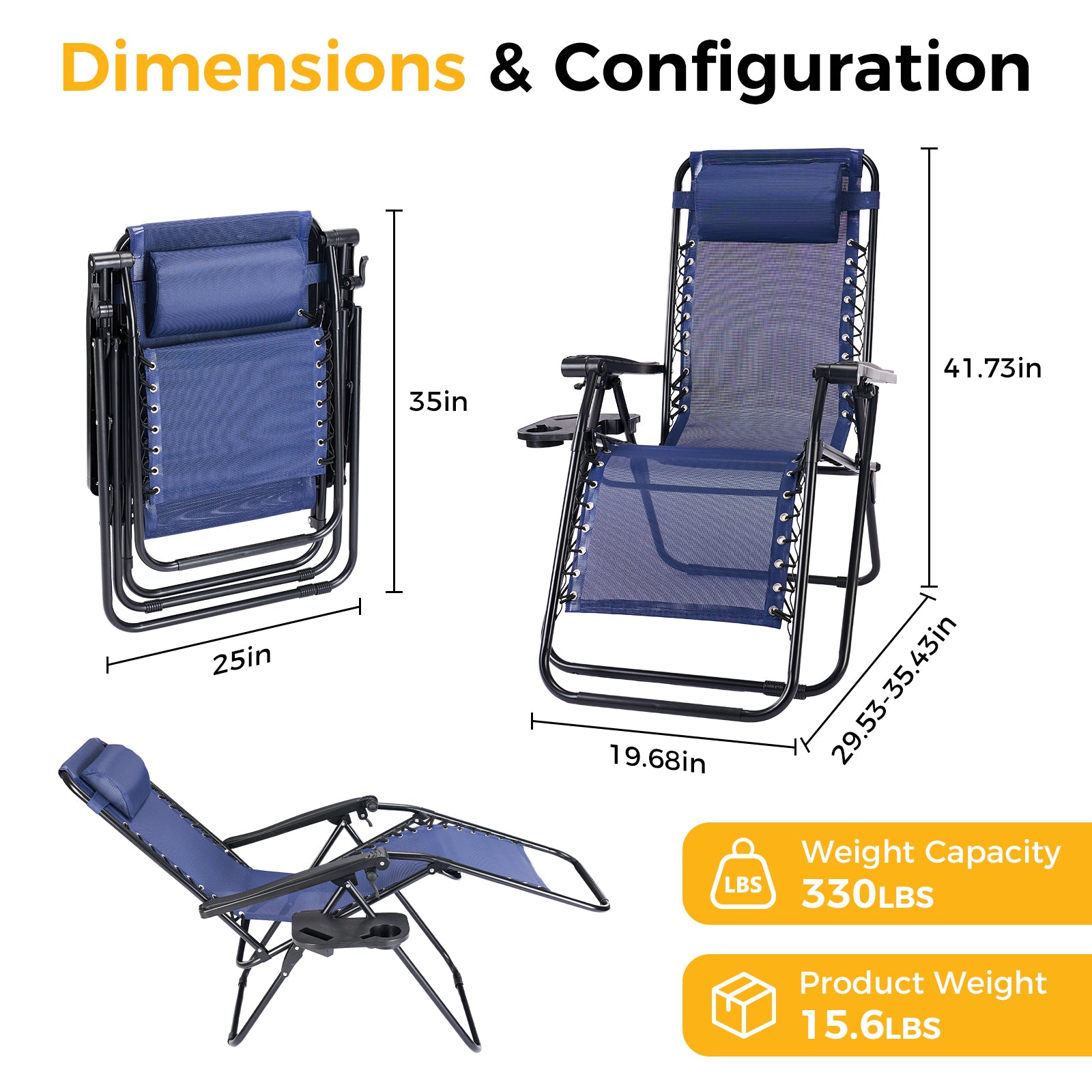 VANECL 2 Pack Zero Gravity Patio Recliner Chairs, Foldable Outdoor Lounge Chairs with Pillow, Detachable Cup Holder Tray for Beach Pool Lawn