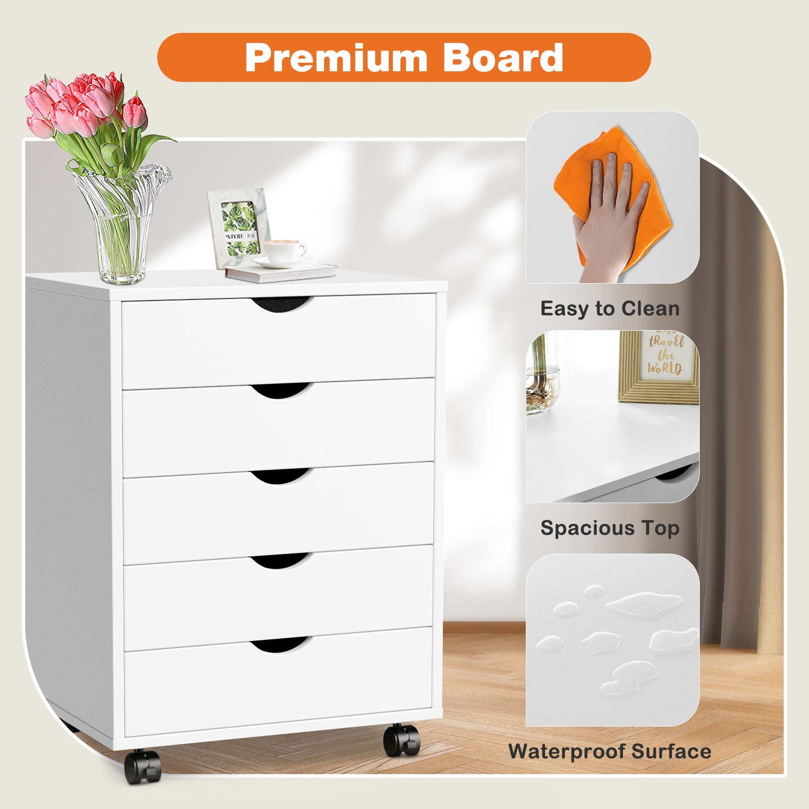 VANECL 5-Drawer Mobile Storage Dresser Cabinet with Lockable Casters, Rolling Organizer Chest for Bedroom Office Home
