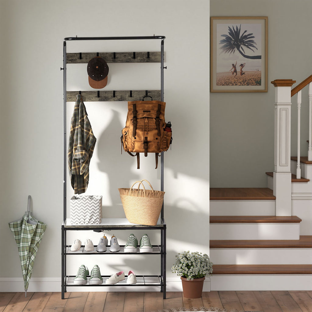 VANECL 4-in-1 Entryway Coat & Shoe Rack with Padded Seat, Metal Frame Hallway Storage Organizer for Entrance Closet