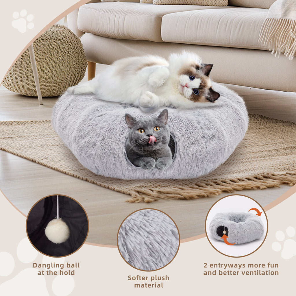 VANECL Donut Shaped Plush Cat Tunnel Bed, 2-In-1 PeekaB0o Cat Cave with Dual Entrances, Washable Round Play Tunnel for Indoor Cats, Kittens & Small Rabbits