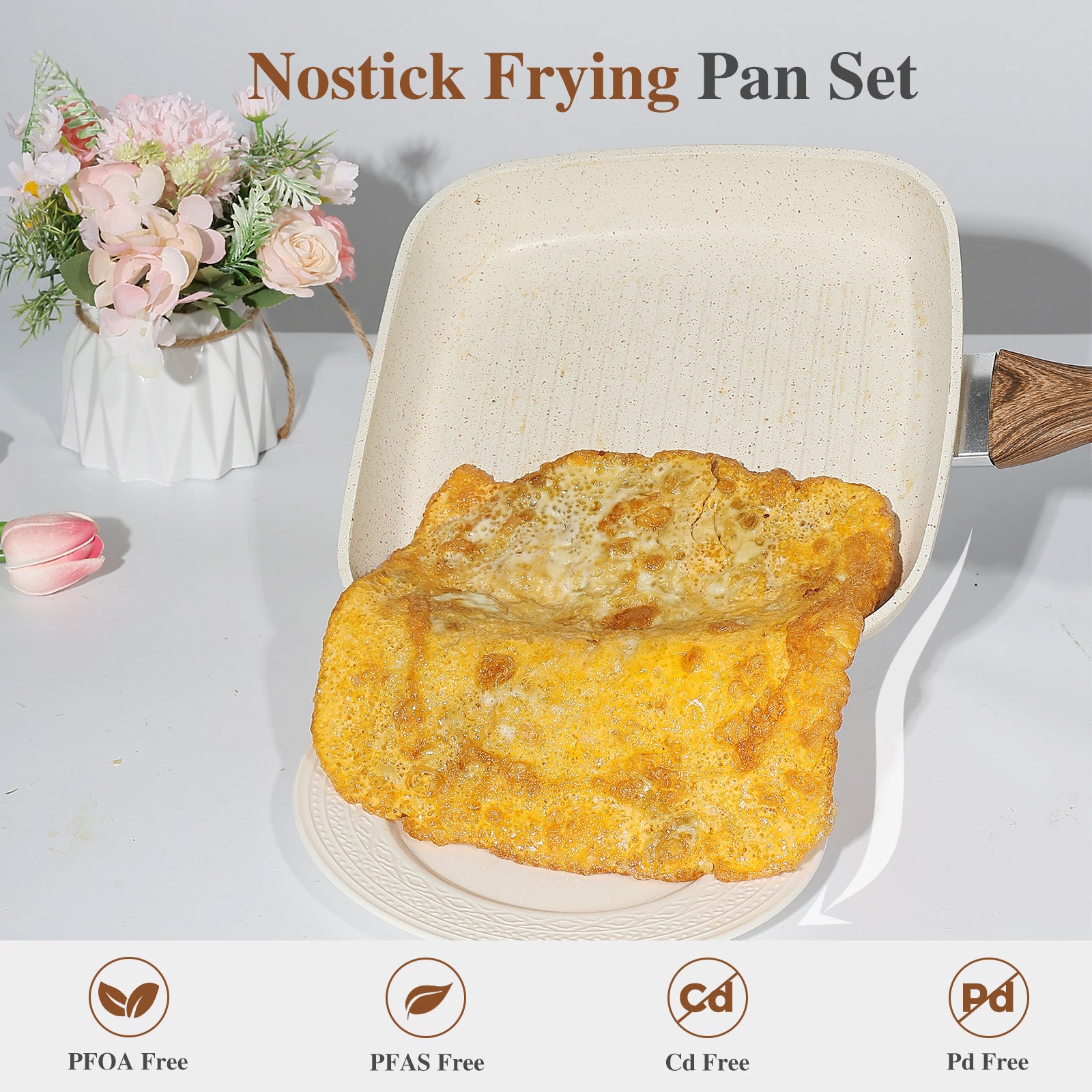 VANECL 3-Piece Square Nonstick Grill Pan Set 9.5/10/11 Inch, PFOA Free Skillet with Detachable Cool Touch Handle, Compatible with Induction Gas All Stovetops