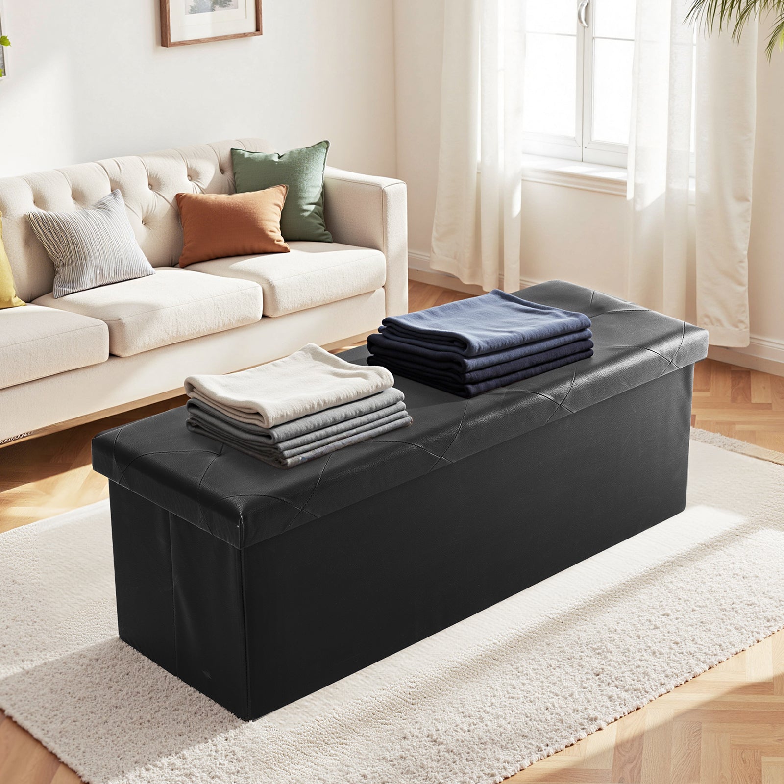 VANECL 43 Inch Foldable Storage Ottoman Bench, Thick Padded Faux Leather Storage Chest Foot Stool with Inner Divider for Entryway Living Room