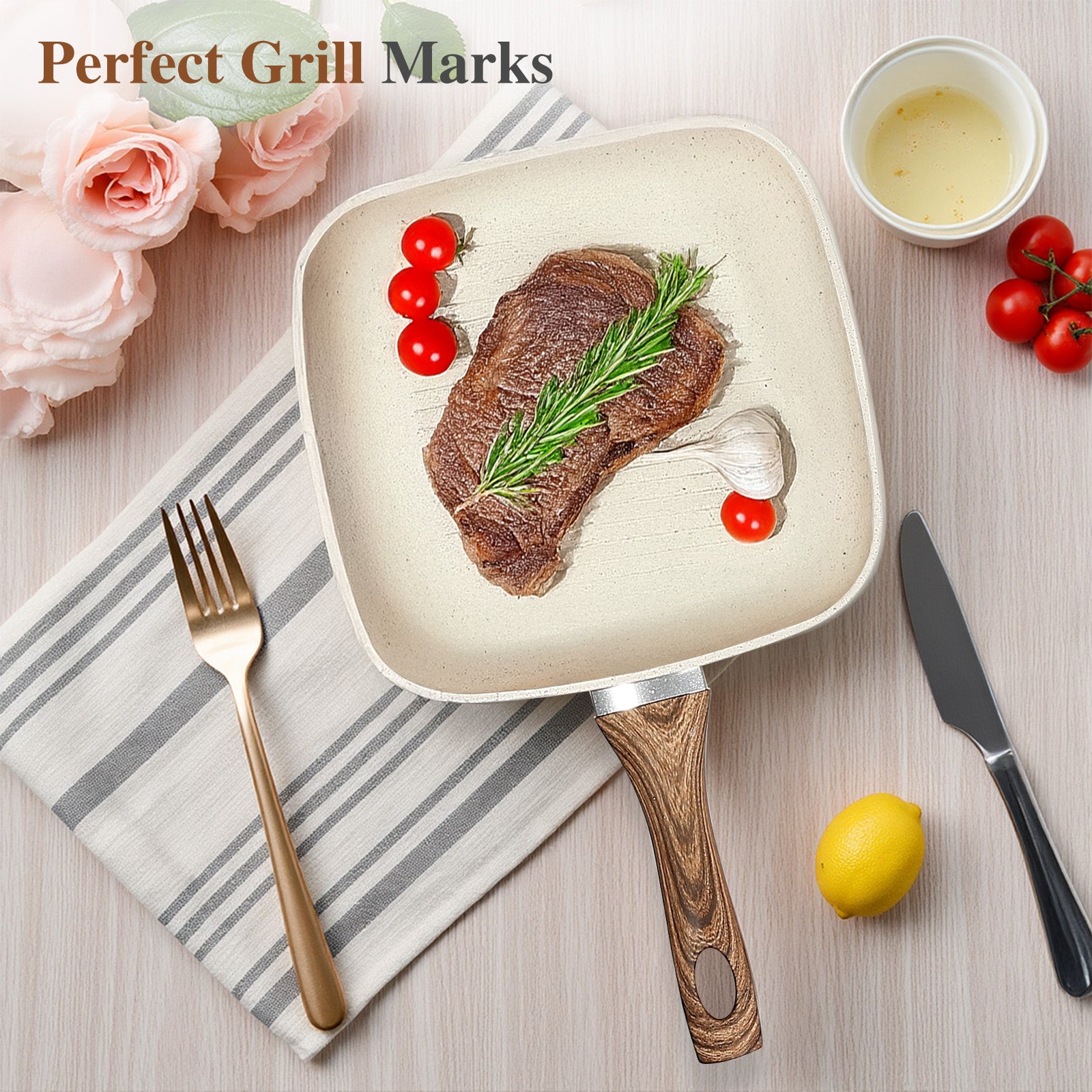 VANECL 3-Piece Square Nonstick Grill Pan Set 9.5/10/11 Inch, PFOA Free Skillet with Detachable Cool Touch Handle, Compatible with Induction Gas All Stovetops