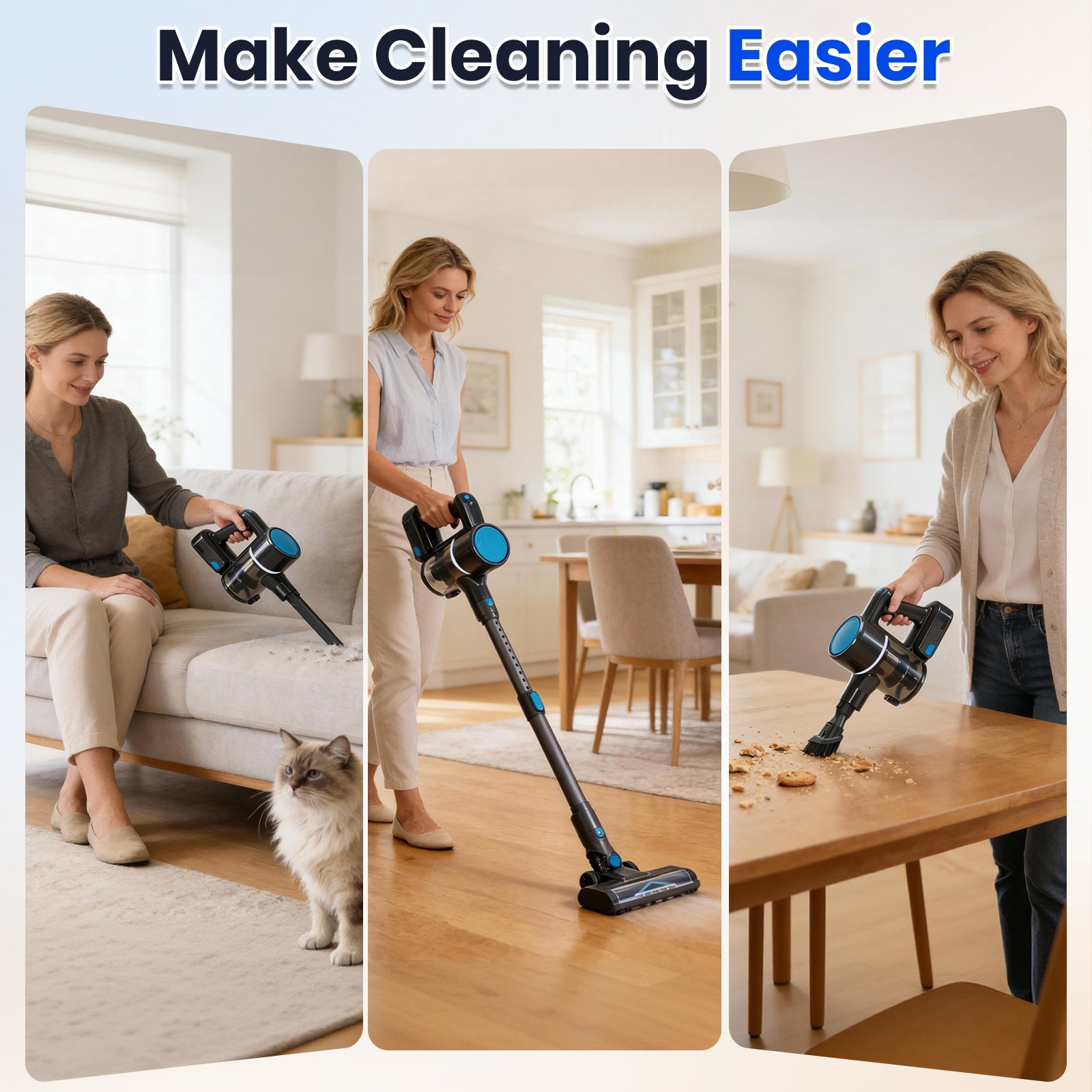 VANECL Lightweight Cordless Stick Vacuum Cleaner with Anti-Tangle Design & LED Headlight, Rechargeable Wireless Handheld Vacuum