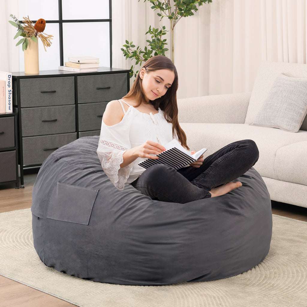 VANECL 4 Feet Foam Filled Bean Bag Chair for Adults & Kids, Soft Removable Washable Cover Lazy Sofa with Side Pocket & Carry Handle for Bedroom Living Room Dorm