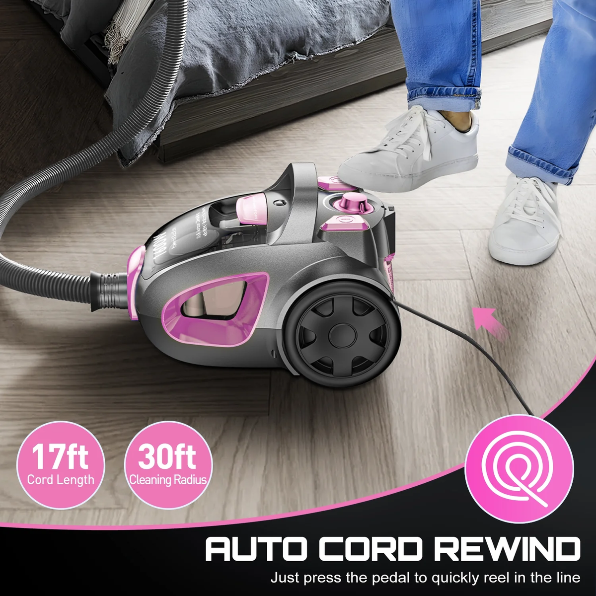 SUXIANGVAC Canister Vacuum Cleaner, 32Kpa 1600W Bagless Vacuum Cleaner, Dust Full Indicator, H13 HEPA Filter, 3.7Qt Large Capacity, Lightweight Vac for Hard Floors, Carpet, Pet, Upholstery, Pink