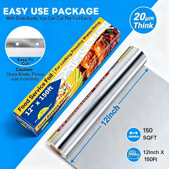 KCRAGAS Aluminum Foil ,Heavy Duty Tin Foils Roll with Serrated Cutter,12inx150SQ.FT