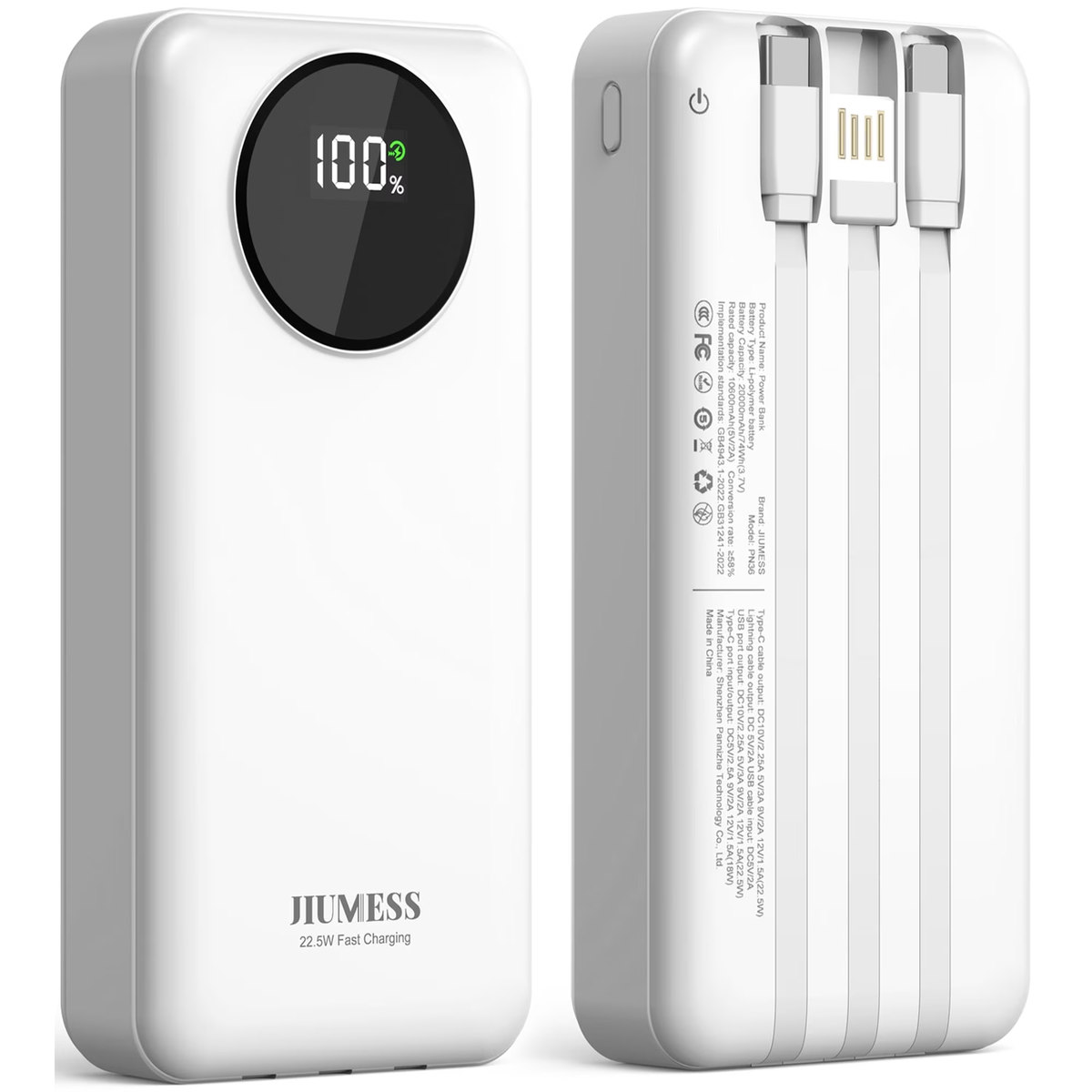 JIUMESS 20000mAh Power Bank with Cables 22.5W Fast Portable Charger Compatible for iPhone, Android