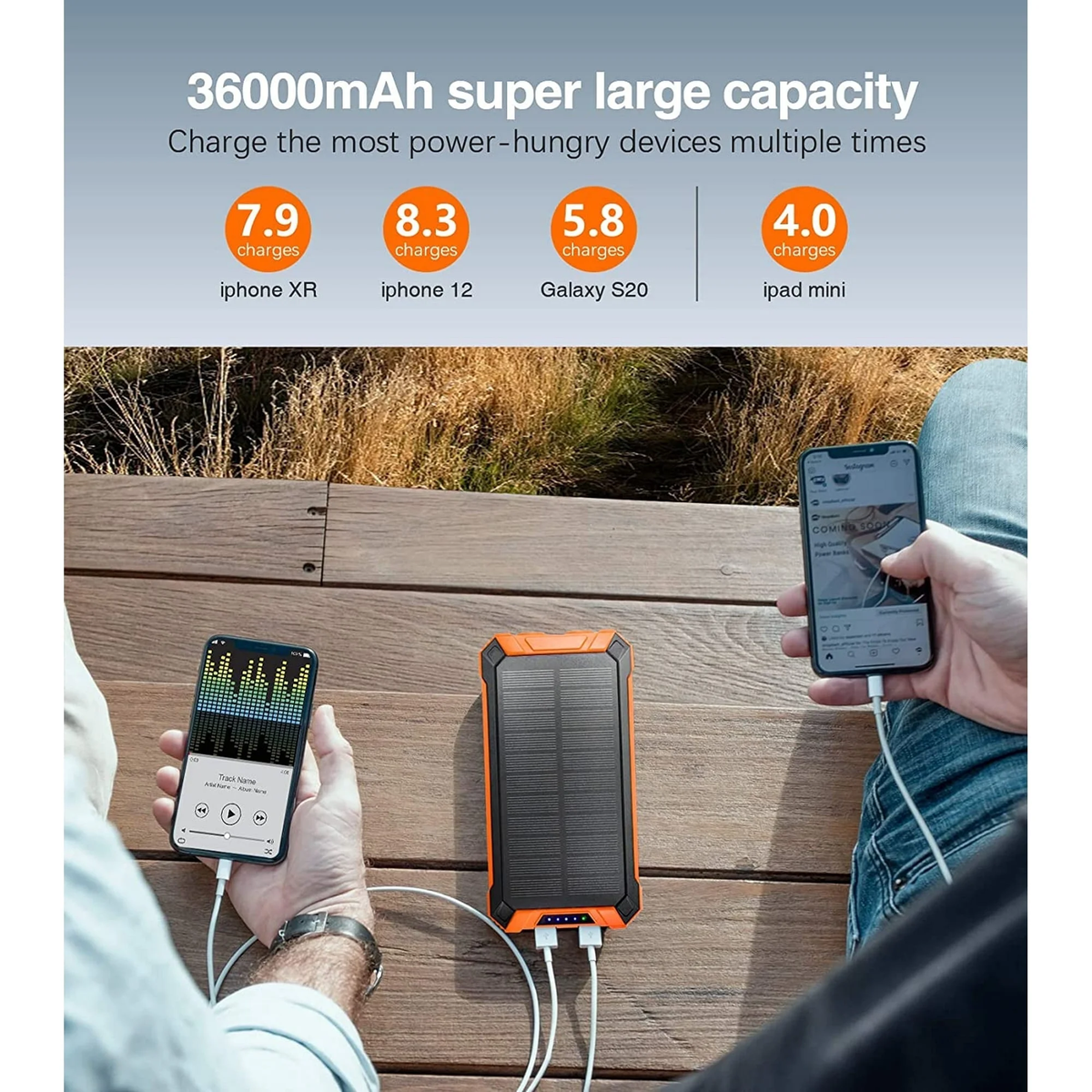 JIUMESS 36000mAh Solar Power Bank 15W Fast Charging with Cables & Wireless Charger, Solar Charger Compatible for iPhone & Android Phone