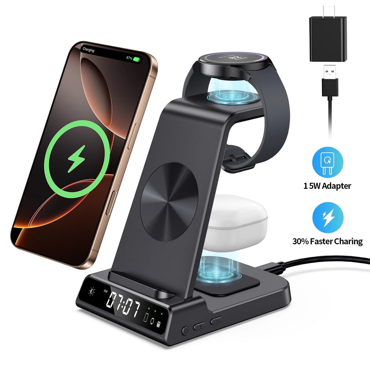 VANECL Wireless Charger Fits for iPhone & Samsung, 3 in 1 Fast Charging Station for Multiple Devices with Digital Clock Charging Dock Stand Compatible with iPhone & Apple Watch & AirPods,Black