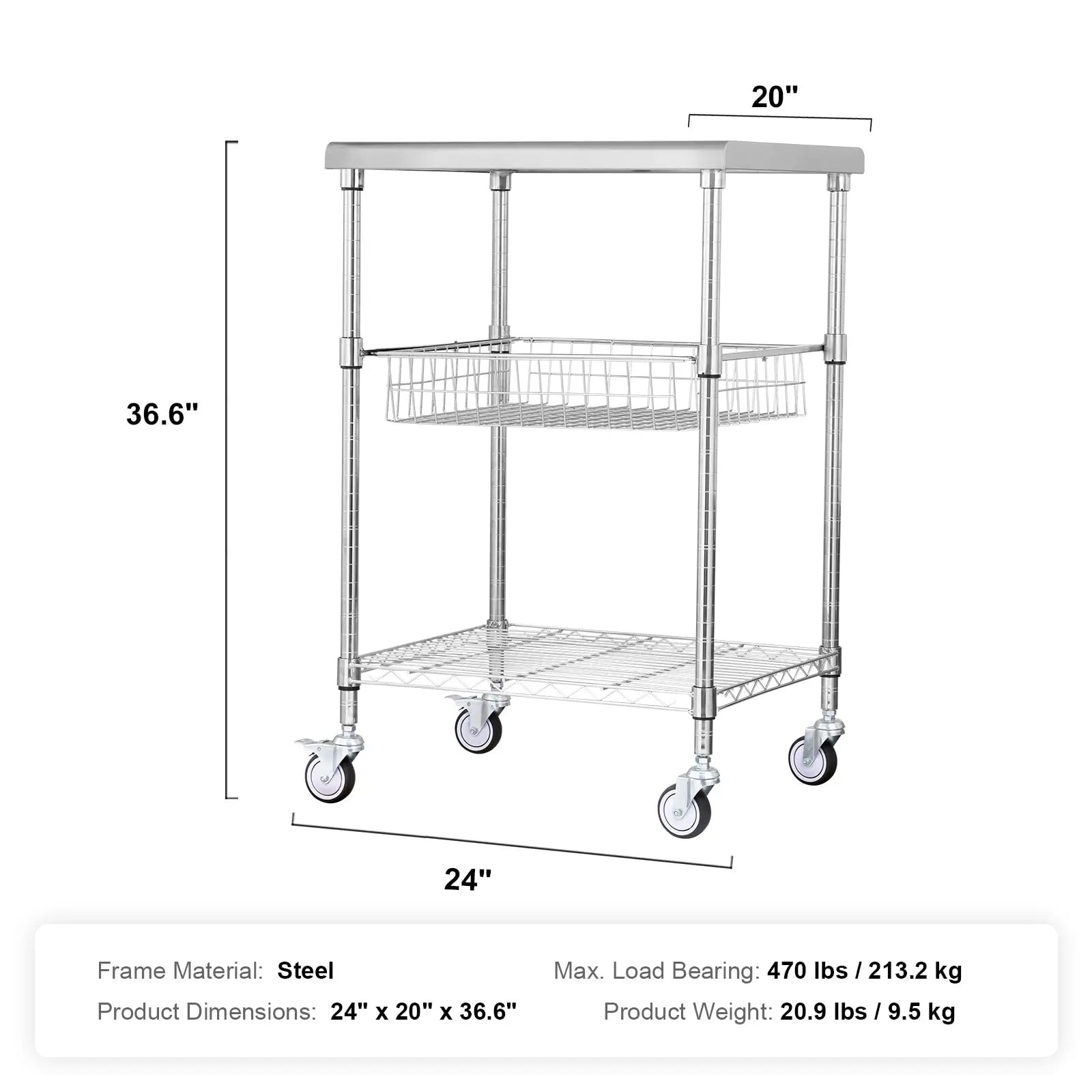 VANECL 3-Tier Heavy Duty Rolling Utility Cart with 6 Side Hooks, 24"×20"×36.6" Multi-Purpose Storage Trolley, Max 470 LBS Capacity Wheeled Organizer Cart for Garage Kitchen Warehouse Office