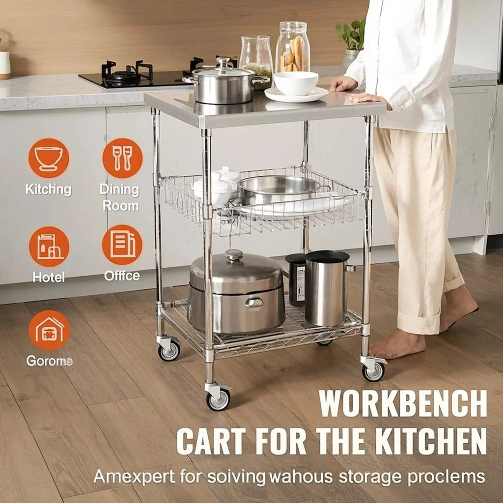 VANECL 3-Tier Heavy Duty Rolling Utility Cart with 6 Side Hooks, 24"×20"×36.6" Multi-Purpose Storage Trolley, Max 470 LBS Capacity Wheeled Organizer Cart for Garage Kitchen Warehouse Office