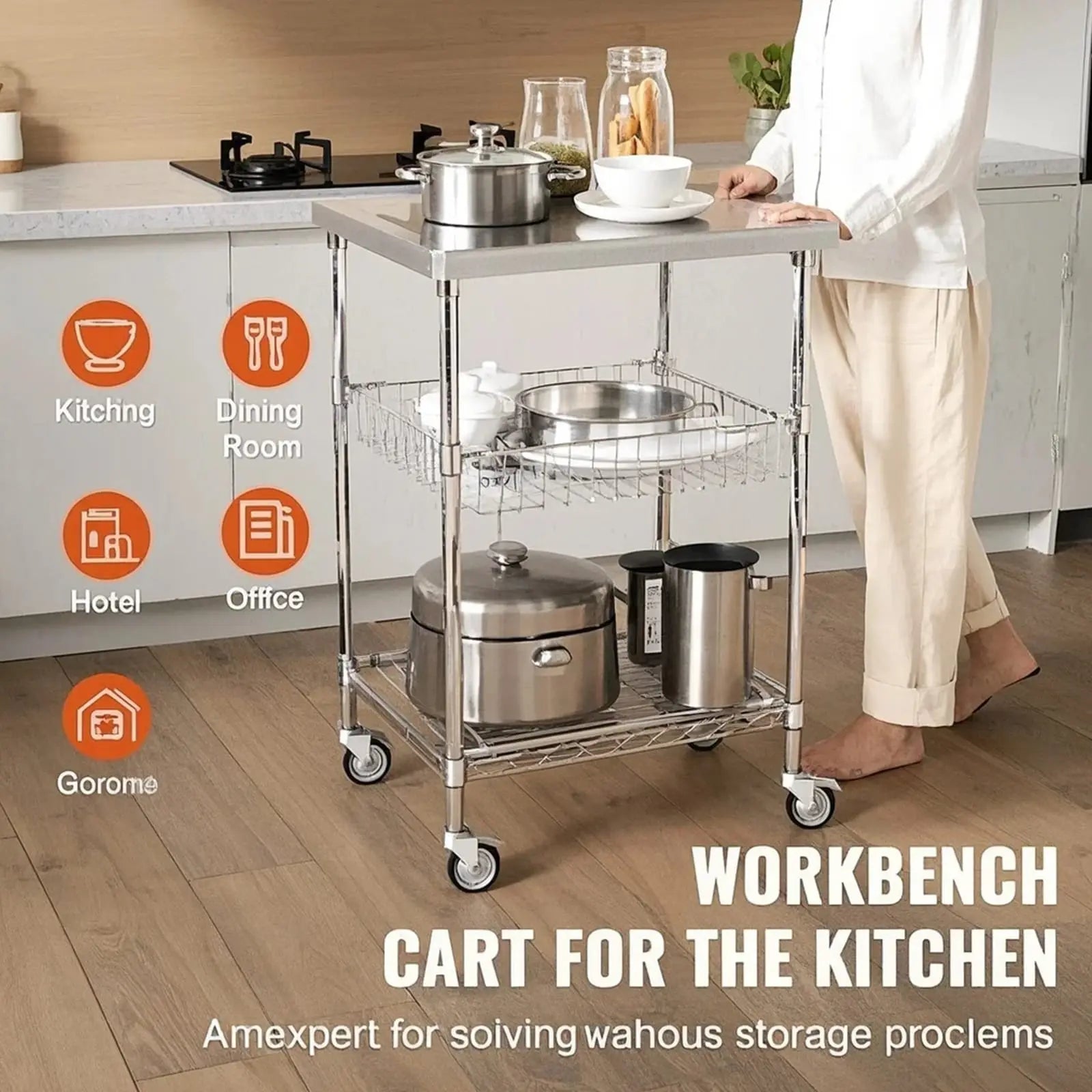 VANECL 3-Tier Heavy Duty Rolling Utility Cart with 6 Side Hooks, 24"×20"×36.6" Multi-Purpose Storage Trolley, Max 470 LBS Capacity Wheeled Organizer Cart for Garage Kitchen Warehouse Office