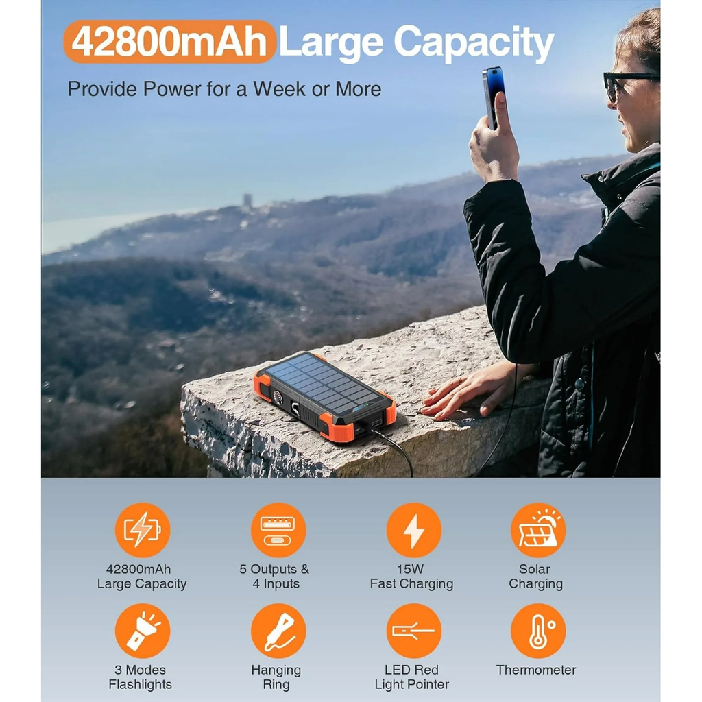 JIUMESS 42800mAh Solar Power Bank 15W Fast Charging with Cables, Solar Charger Compatible for iPhone/Android Phone