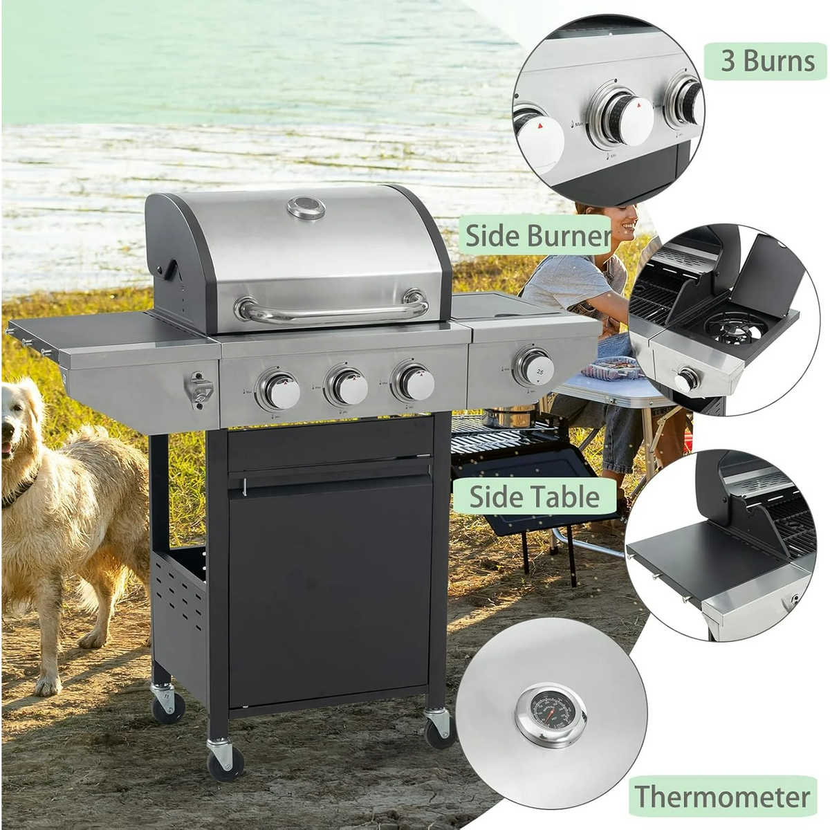 Aminy 3 Burner BBQ Propane Gas Grill with Side Burner, Outdoor Stainless Steel 37230 BTU Patio Garden BBQ Grill with Lid, Wheels for Camping, Outdoor Cooking