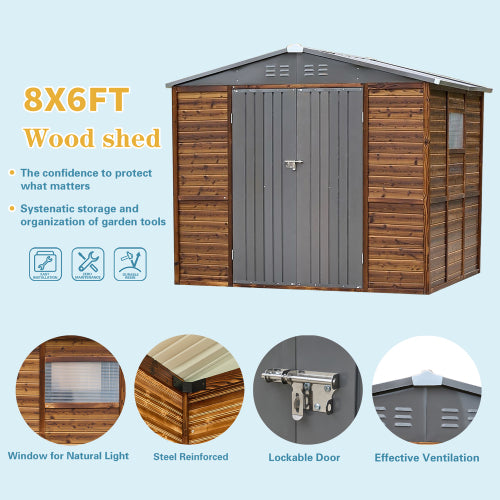 VANECL 6×8 FT Wood & Iron Combination Outdoor Storage Shed, Waterproof Cedar Wood Garden Tool Storage House with Acrylic Windows & Vent Slots, Barn-Style Modular Outdoor Workshop for Backyard Yard
