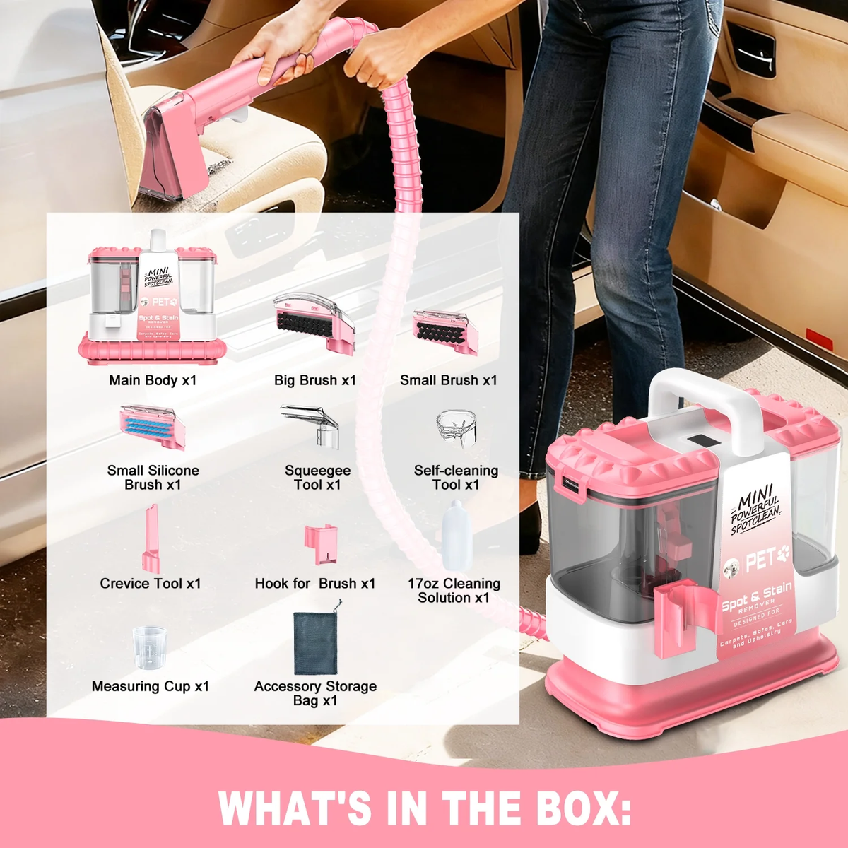 SUXIANGVAC Portable Carpet and Upholstery Spot Cleaner Machine, 20Kpa Powerful Suction with 5 Cleaning Tools, 17oz Cleaning Solution, Lightweight Compact Design, Deep Clean for Car, Home, Pink