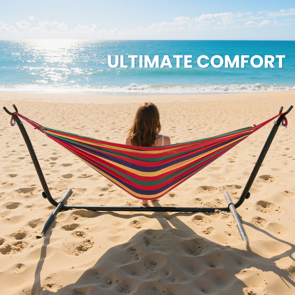 VANECL Double Hammock with Adjustable Steel Stand & Storage Bag, 450 LBS Capacity Poly Cotton 2-Person Portable Hammock for Backyard Camping Indoor Outdoor