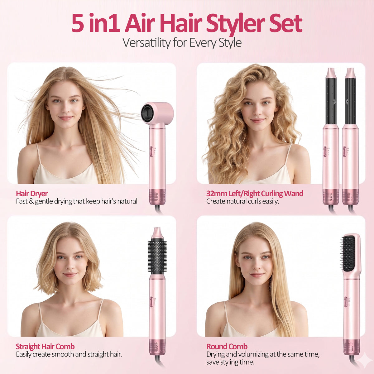 OAKSKY Hair Dryer Brush,5 in 1 Negative Ionic Hot Air Brush Styler and Dryer,Blow Dryer Brush Hair Styling Tool for Fast Volumizing and Smoothing,Pink