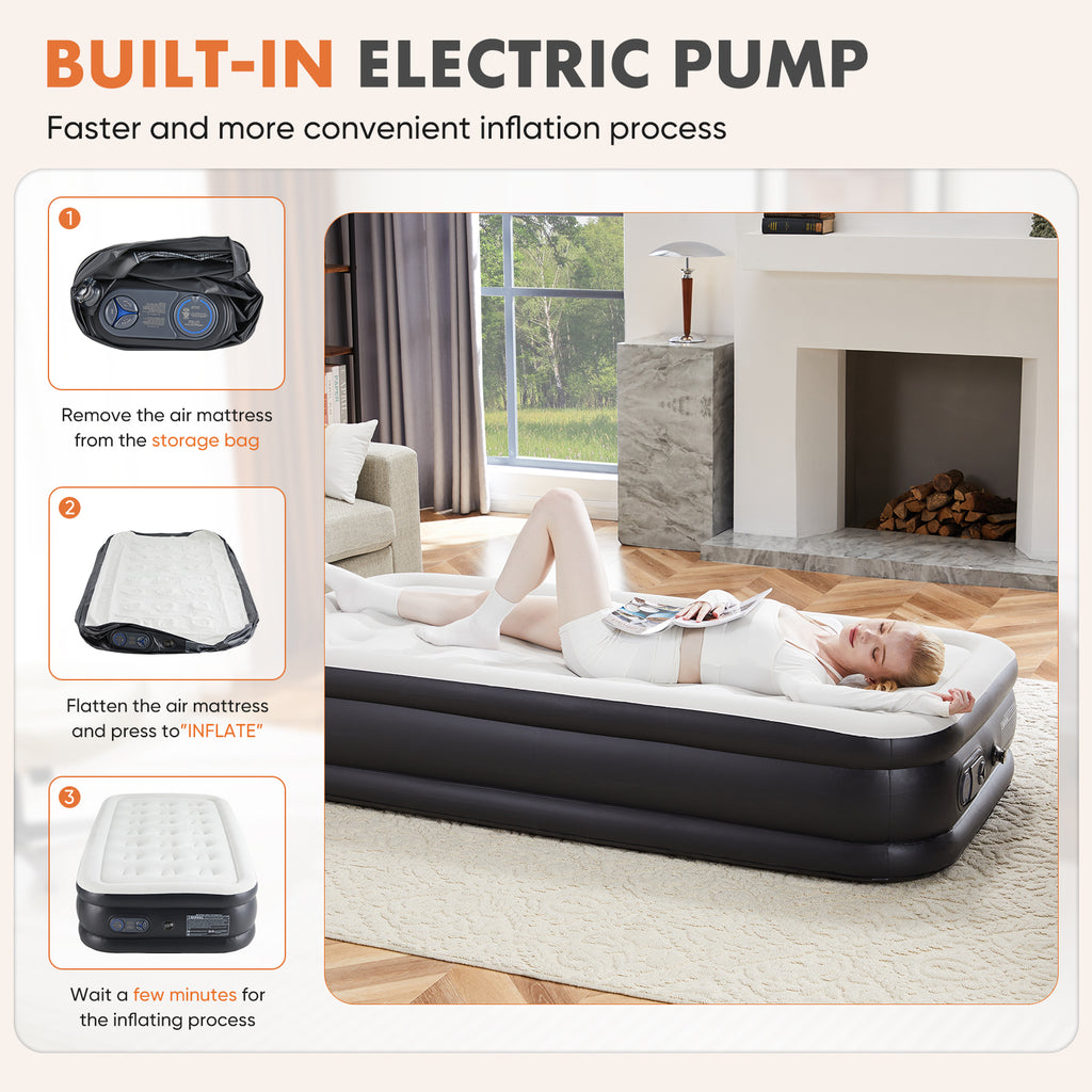 VANECL 16 Inch Twin Air Mattress with Built-in High Capacity Pump, Raised Double Height Inflatable Airbed, Adjustable Blow Up Mattress with Non-Slip B0ttom for Home Camping Travel