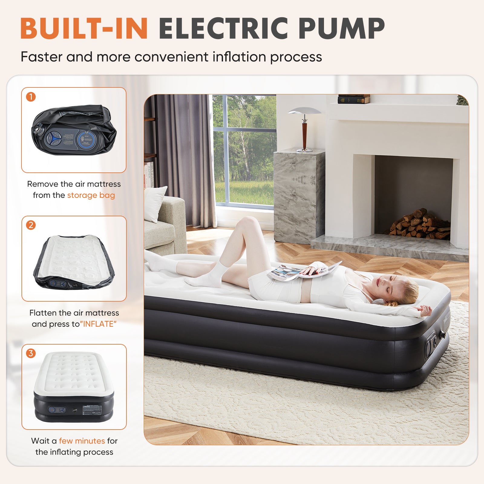 VANECL 16 Inch Twin Air Mattress with Built-in High Capacity Pump, Raised Double Height Inflatable Airbed, Adjustable Blow Up Mattress with Non-Slip B0ttom for Home Camping Travel