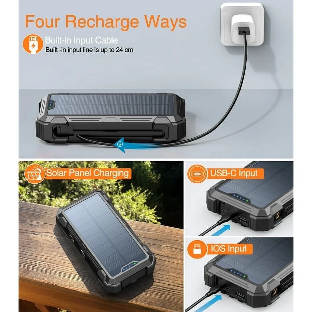 JIUMESS 42800mAh Solar Charger Power Bank 15W Fast Charging Portable Charger with 4 Cables, USB Battery Pack Compatible with iPhone & Android Cell Phone