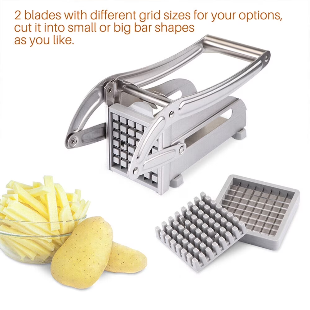 WANDOBAO French Fry Cutter Stainless Steel Potato Slicer, Food Grade Potato Cutter with No-Slip Base & 2 Blades for Potato Vegetable Radish Cucumber Onion
